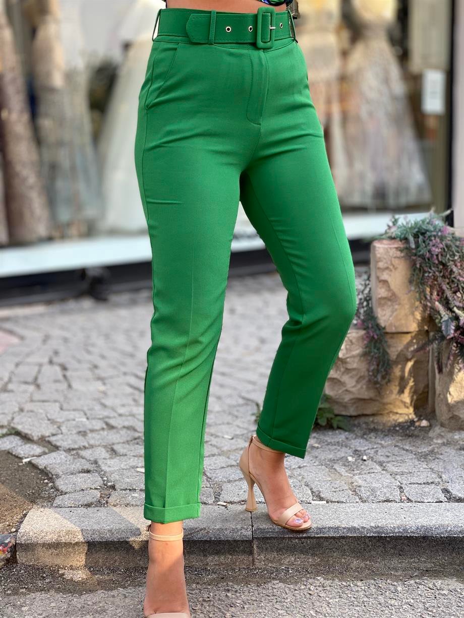Yeşil Duble Paça Kemerli Pantalon