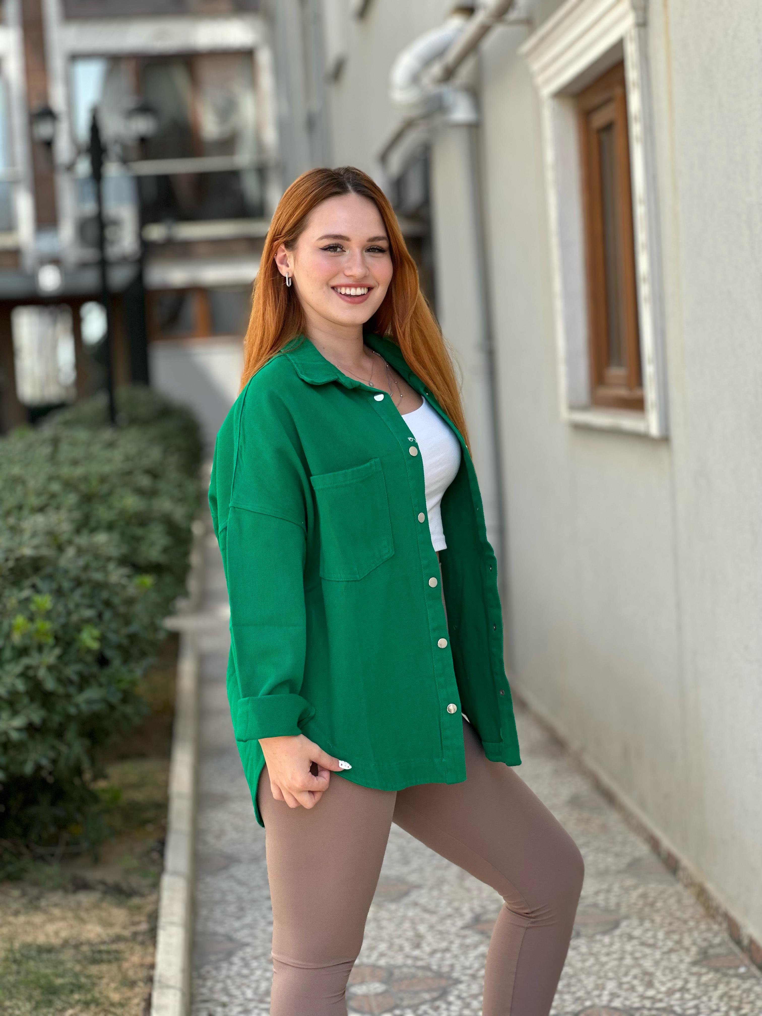 Yeşil Gabardin Jean Gömlek 
