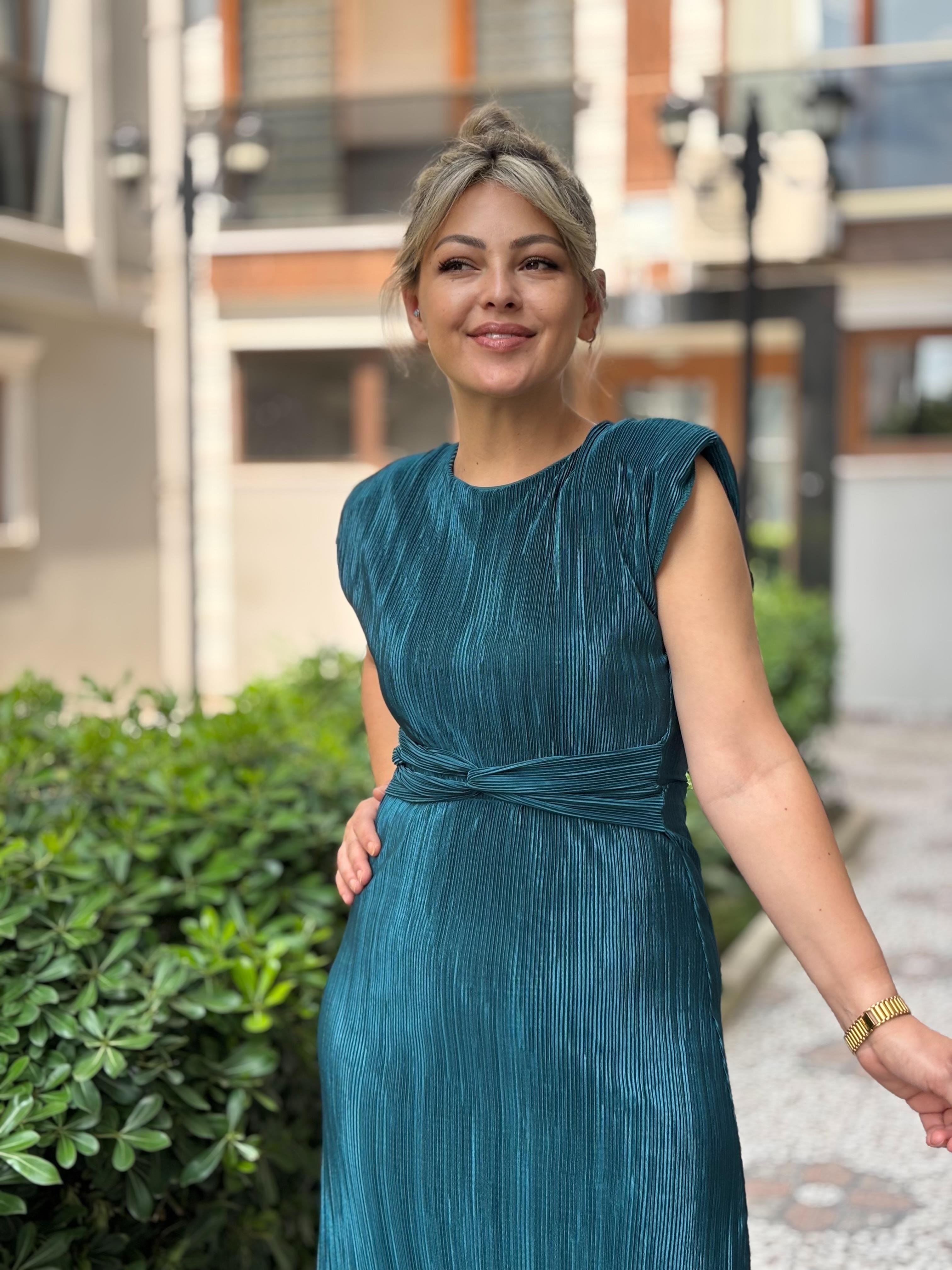 Yeşil Kırınkıl Kumaş Elbise
