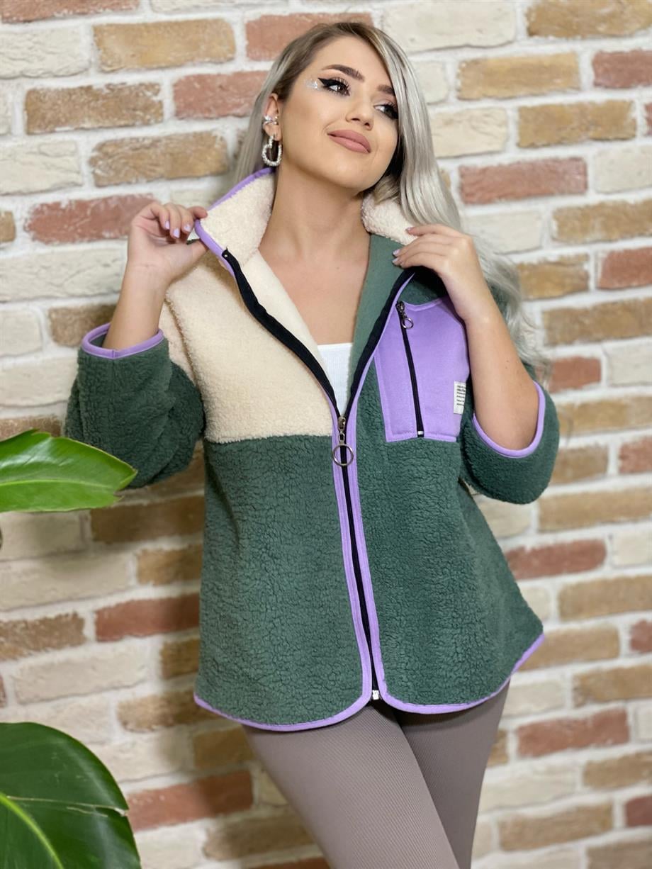 Yeşil Mor Detay Peluş Ceket