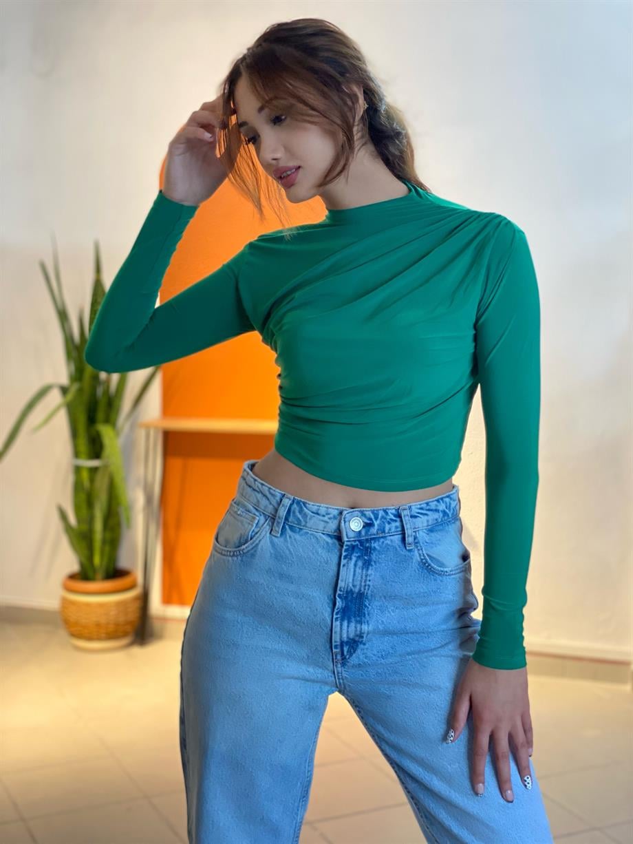 Yeşil Omuzdan Büzgülü Crop