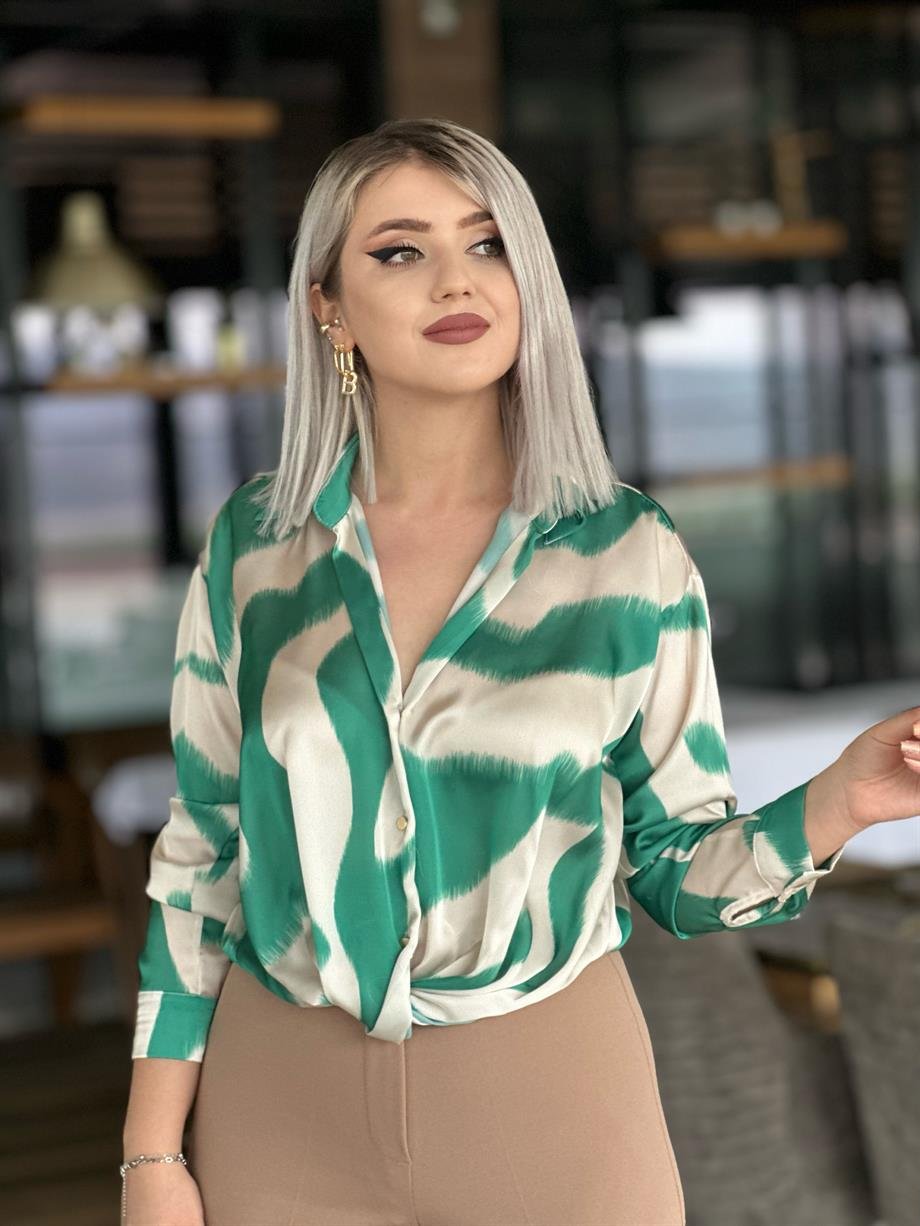 Yeşil Ön Düğümlü İpek Saten Gömlek