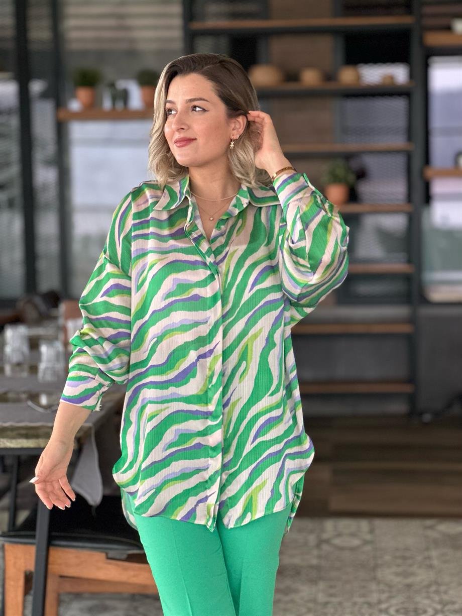 Yeşil Zebra Desen Salaş Gömlek 