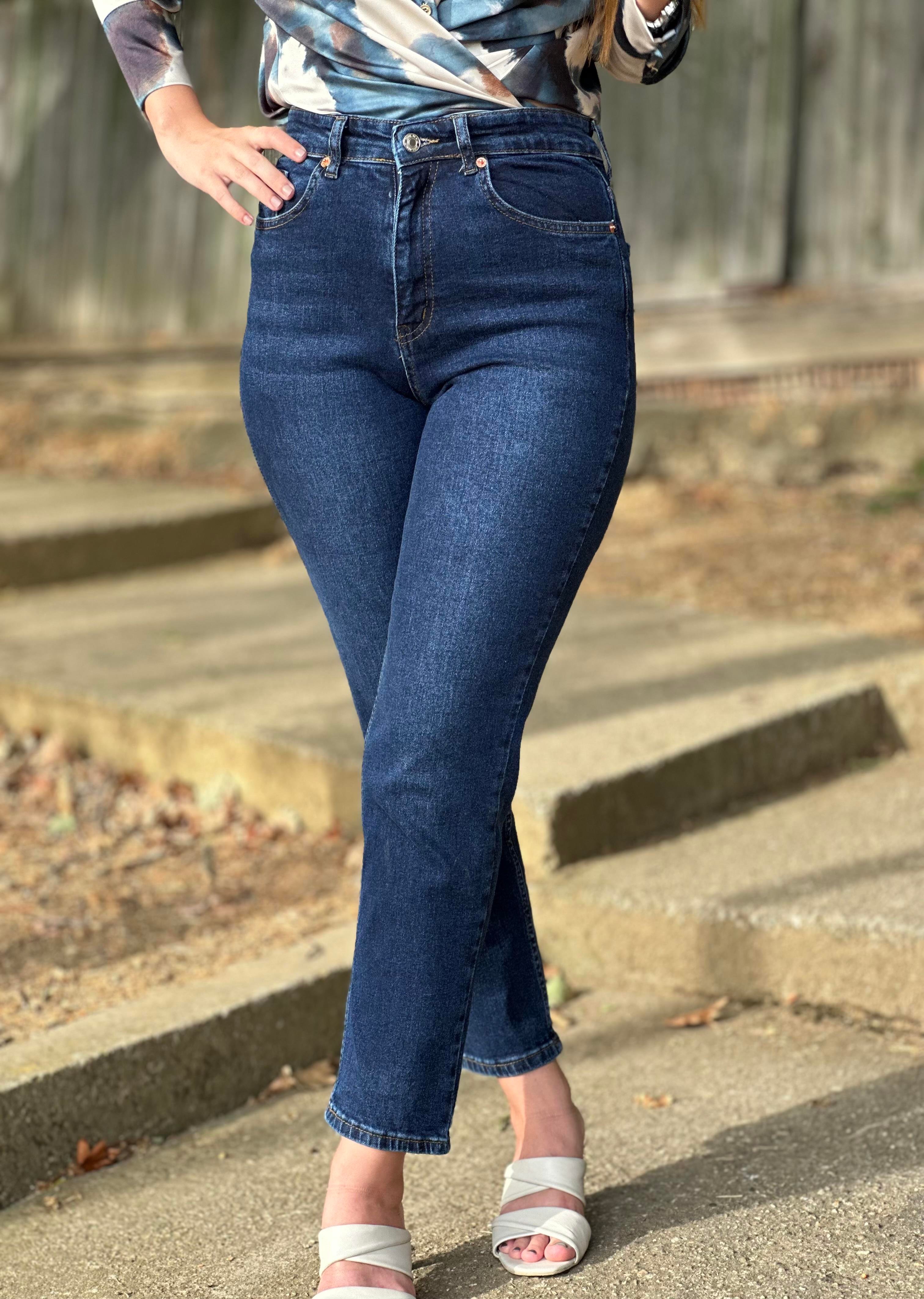Yüksek Bel Bel Mom Jeans Lacivert