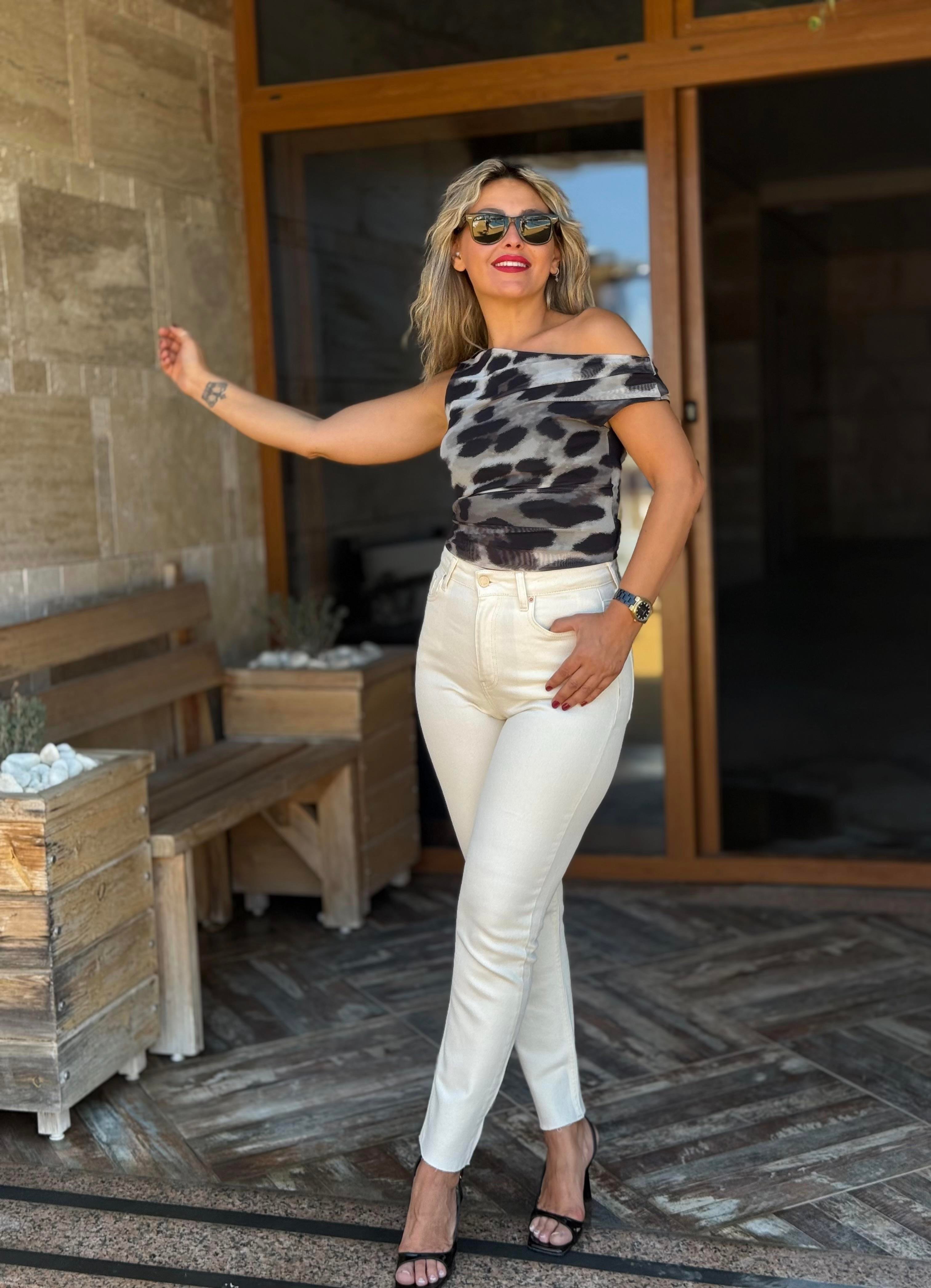 Yüksek Bel Full Lilralı Krem Jean 
