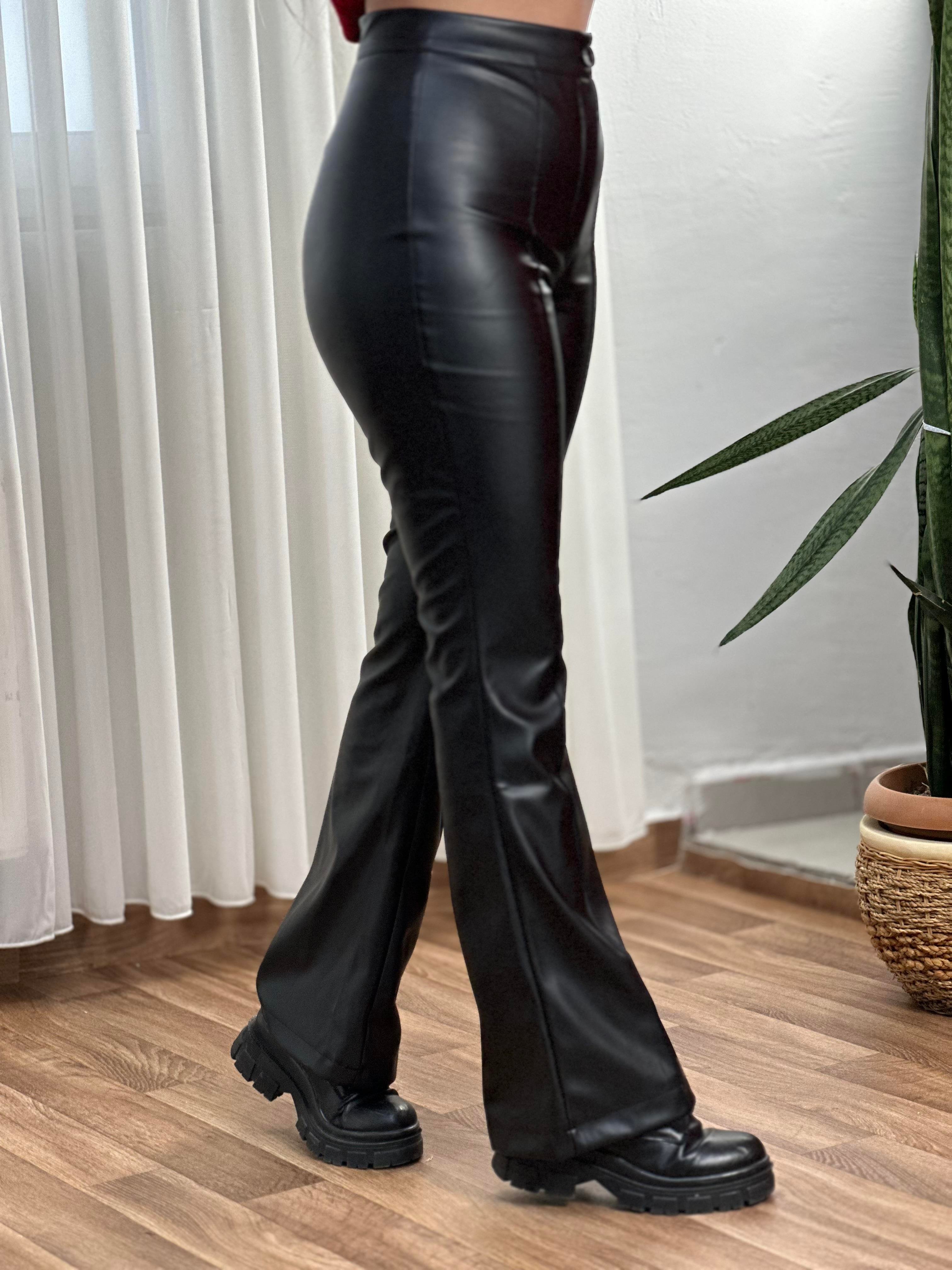 Yüksek Bel Siyah Deri Pantalon