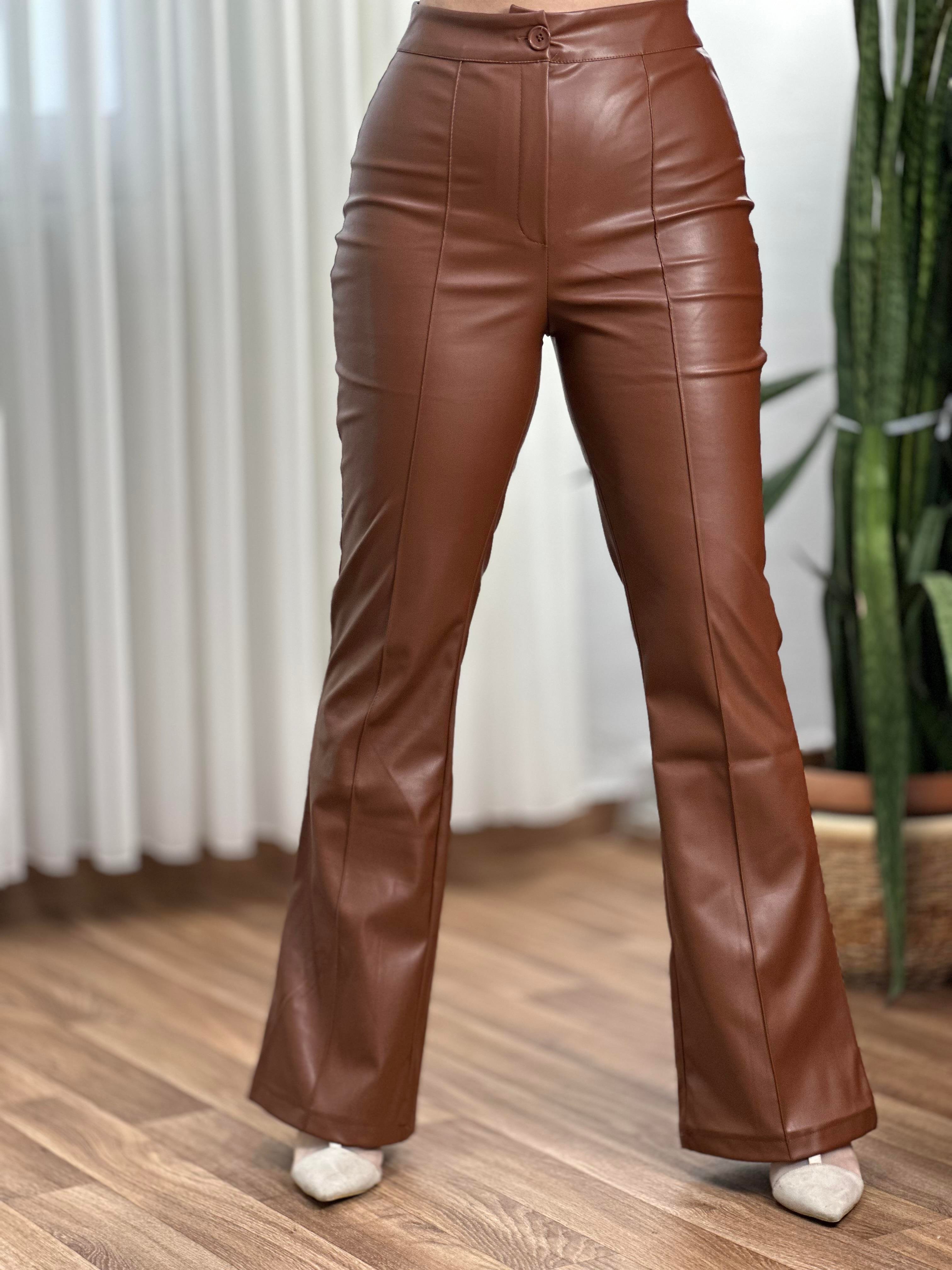 Yüksek Bel Taba Deri Pantalon 