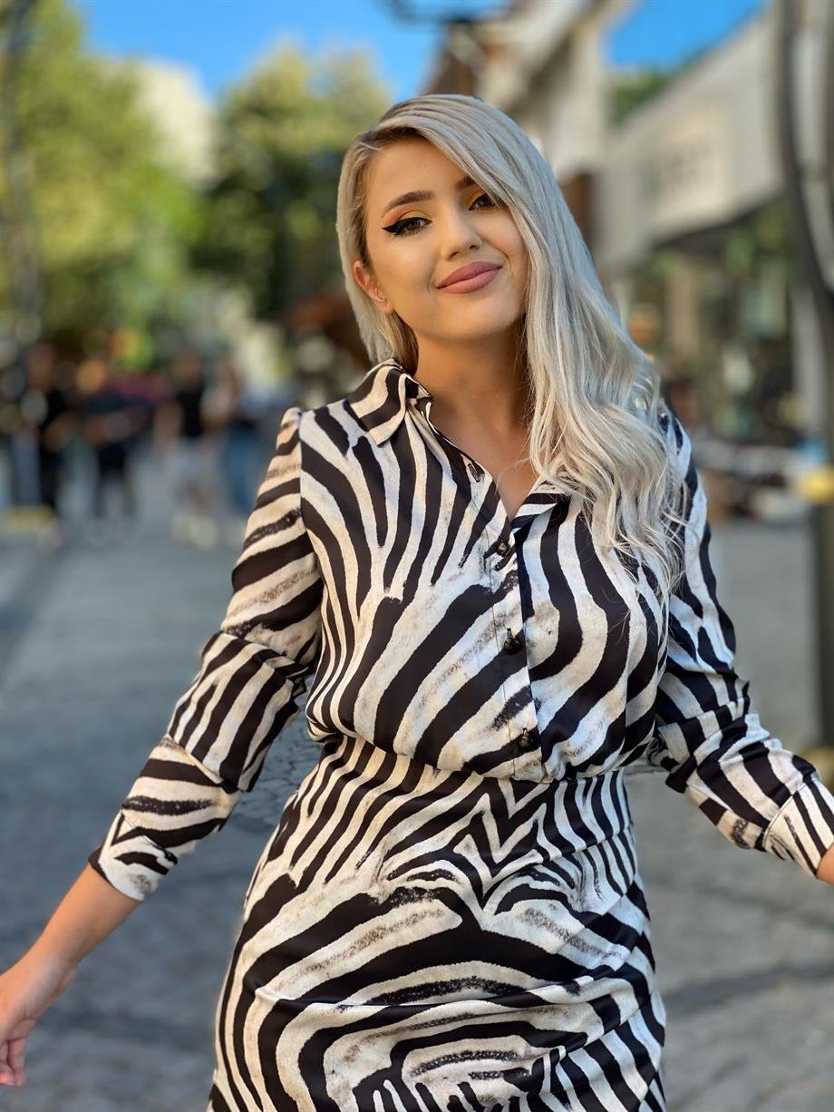 Zebra Desen Gömlek Yaka Tasarım Elbise