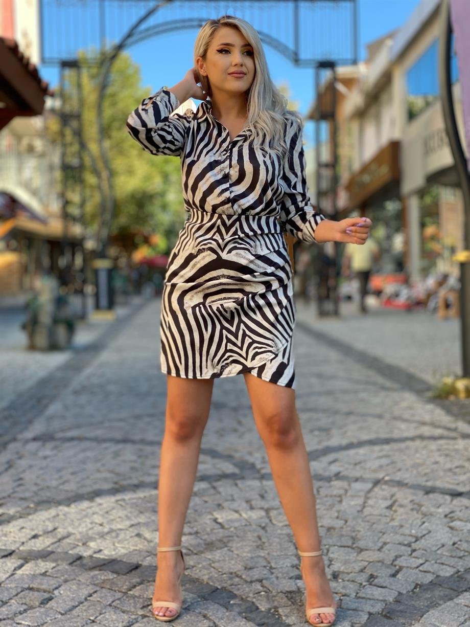 Zebra Desen Gömlek Yaka Tasarım Elbise
