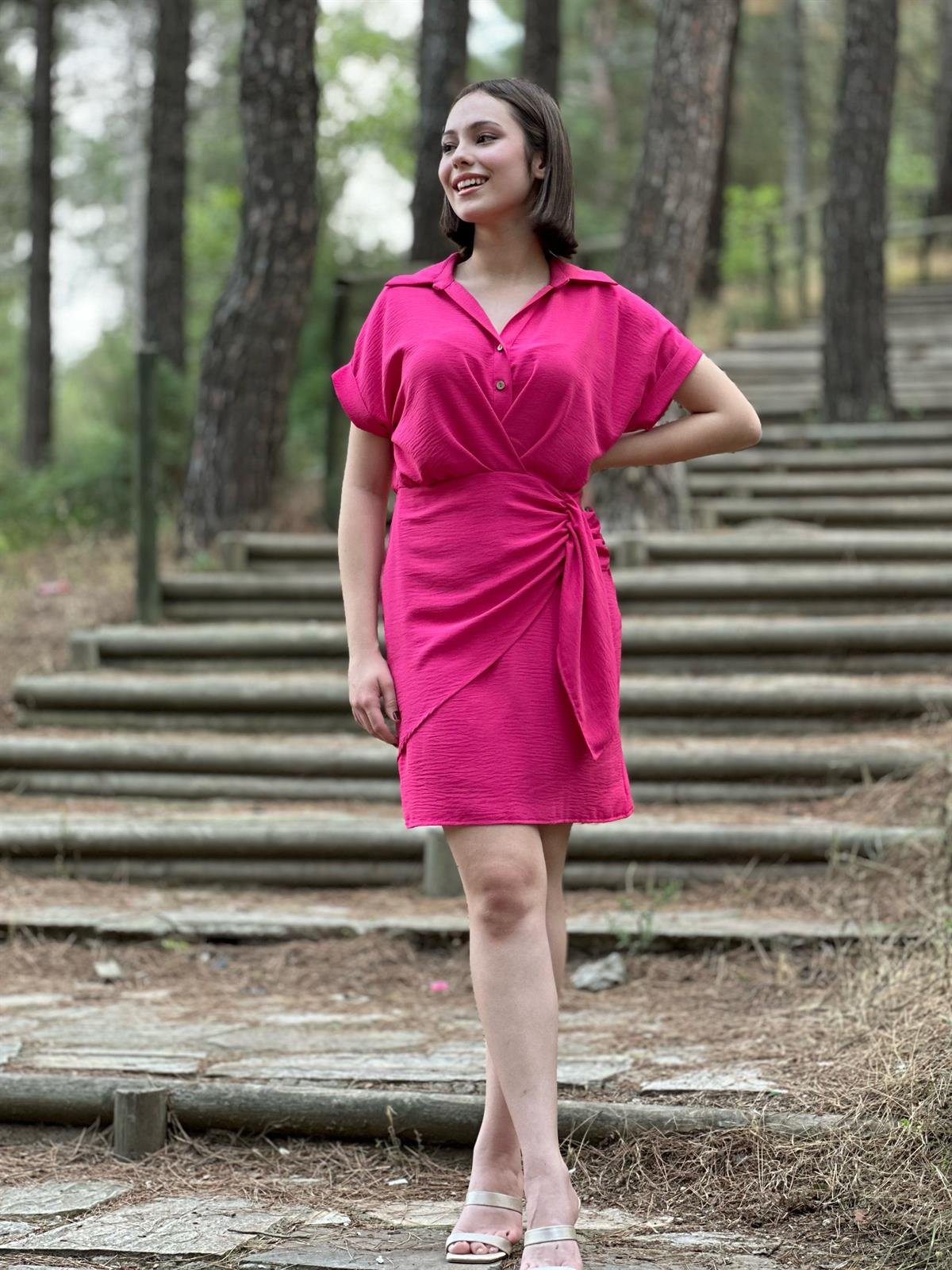 Zr Model Fuşya Keten Elbise 