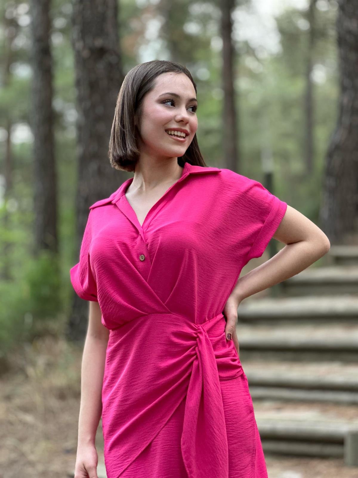 Zr Model Fuşya Keten Elbise 