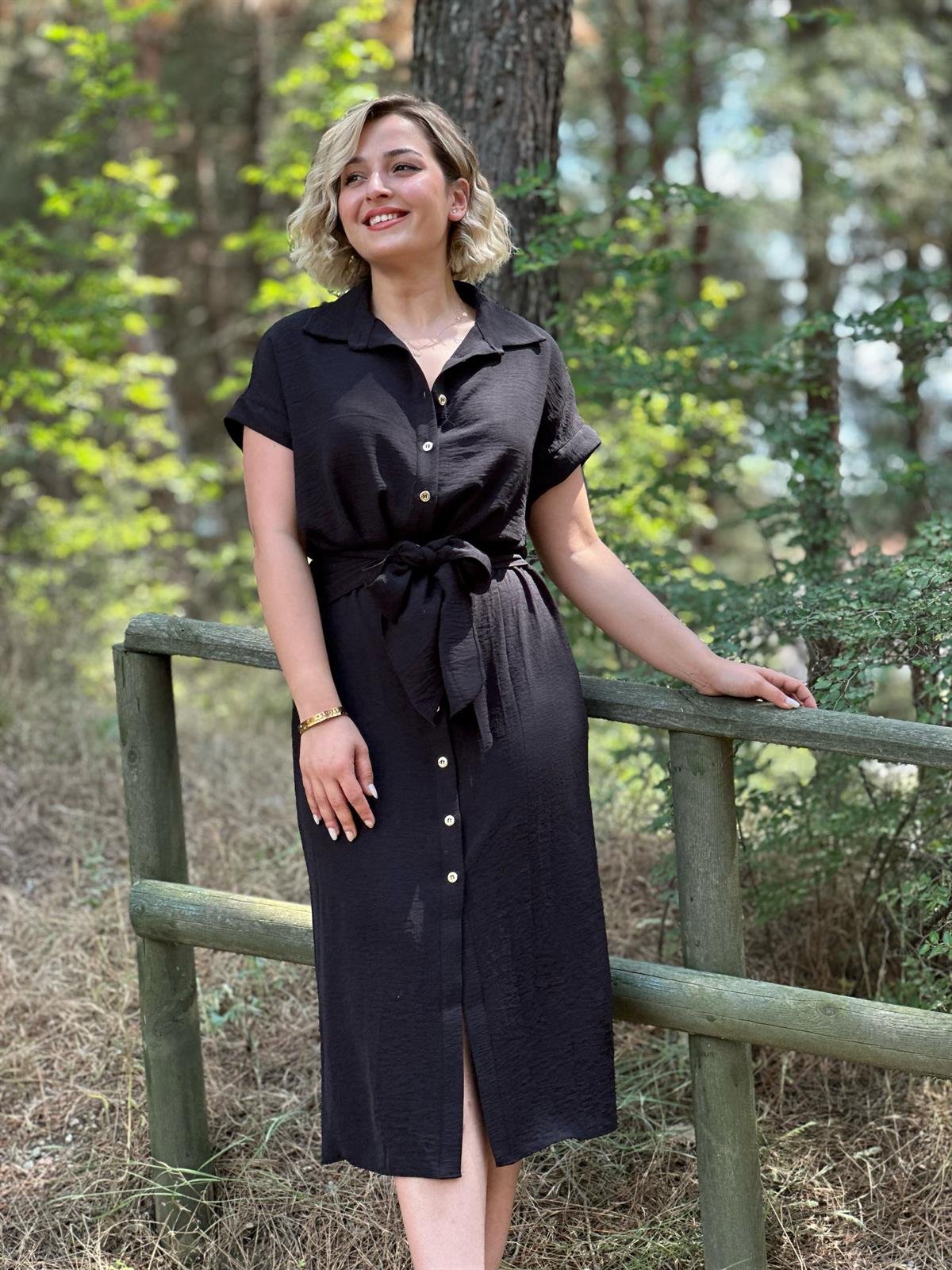 Zr Model Kemerli Gömlek Elbise Siyah 