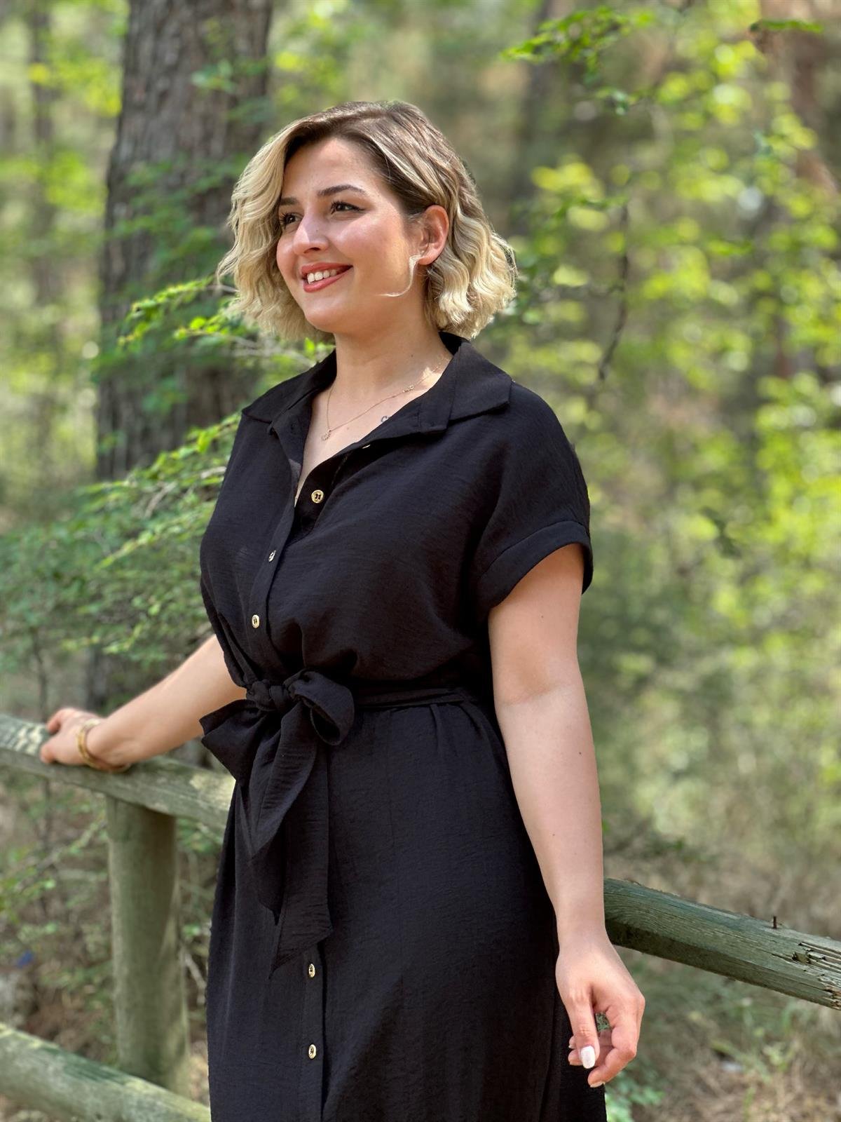 Zr Model Kemerli Gömlek Elbise Siyah 