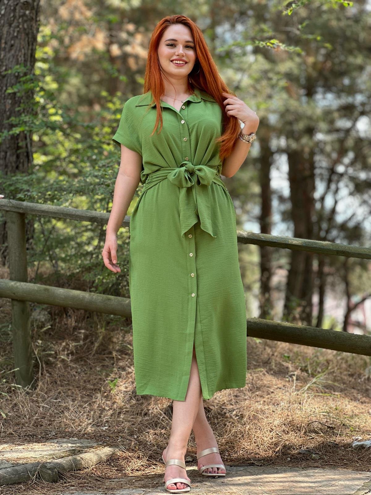 Zr Model Kemerli Gömlek Elbise Yeşil