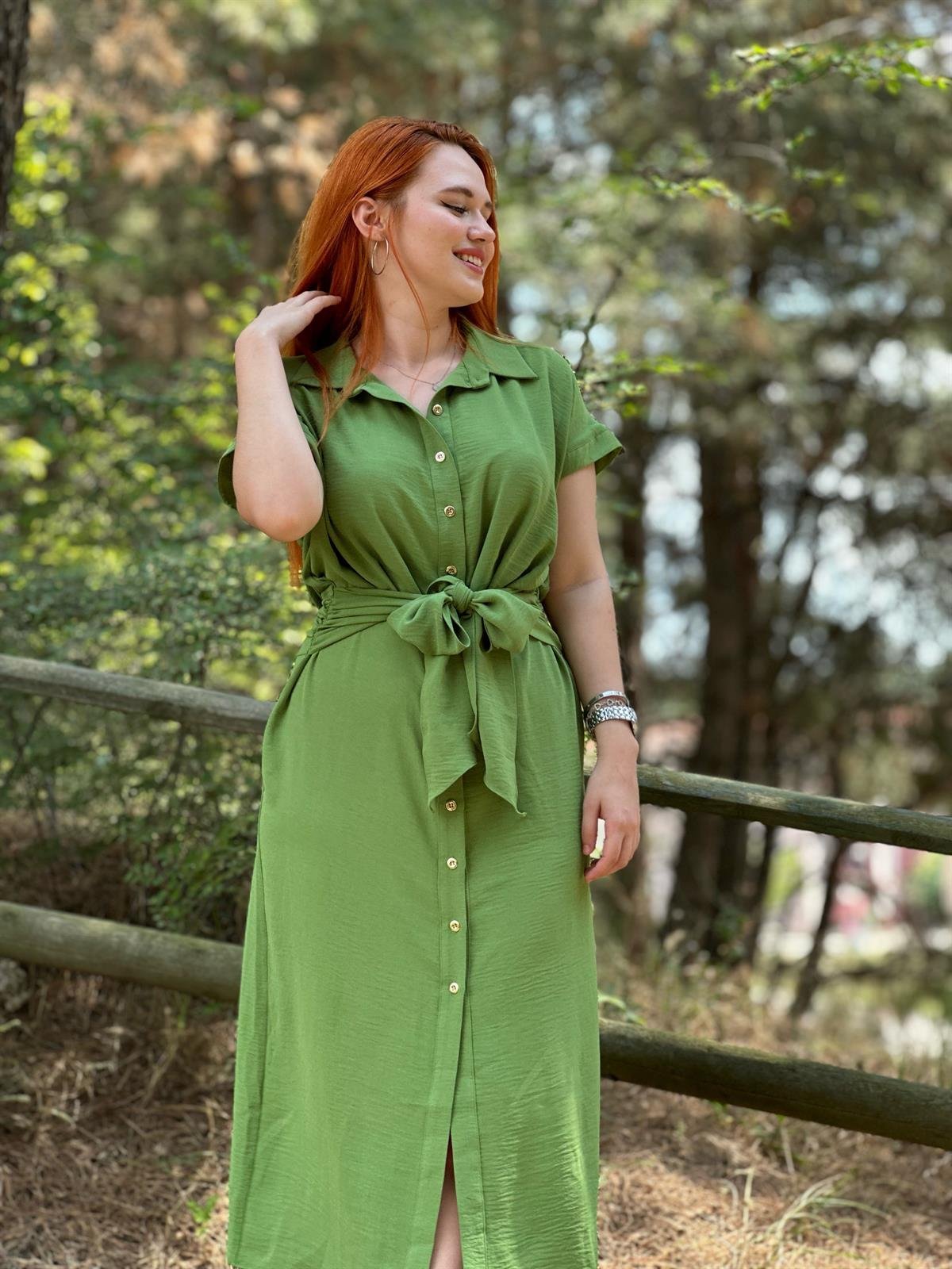 Zr Model Kemerli Gömlek Elbise Yeşil
