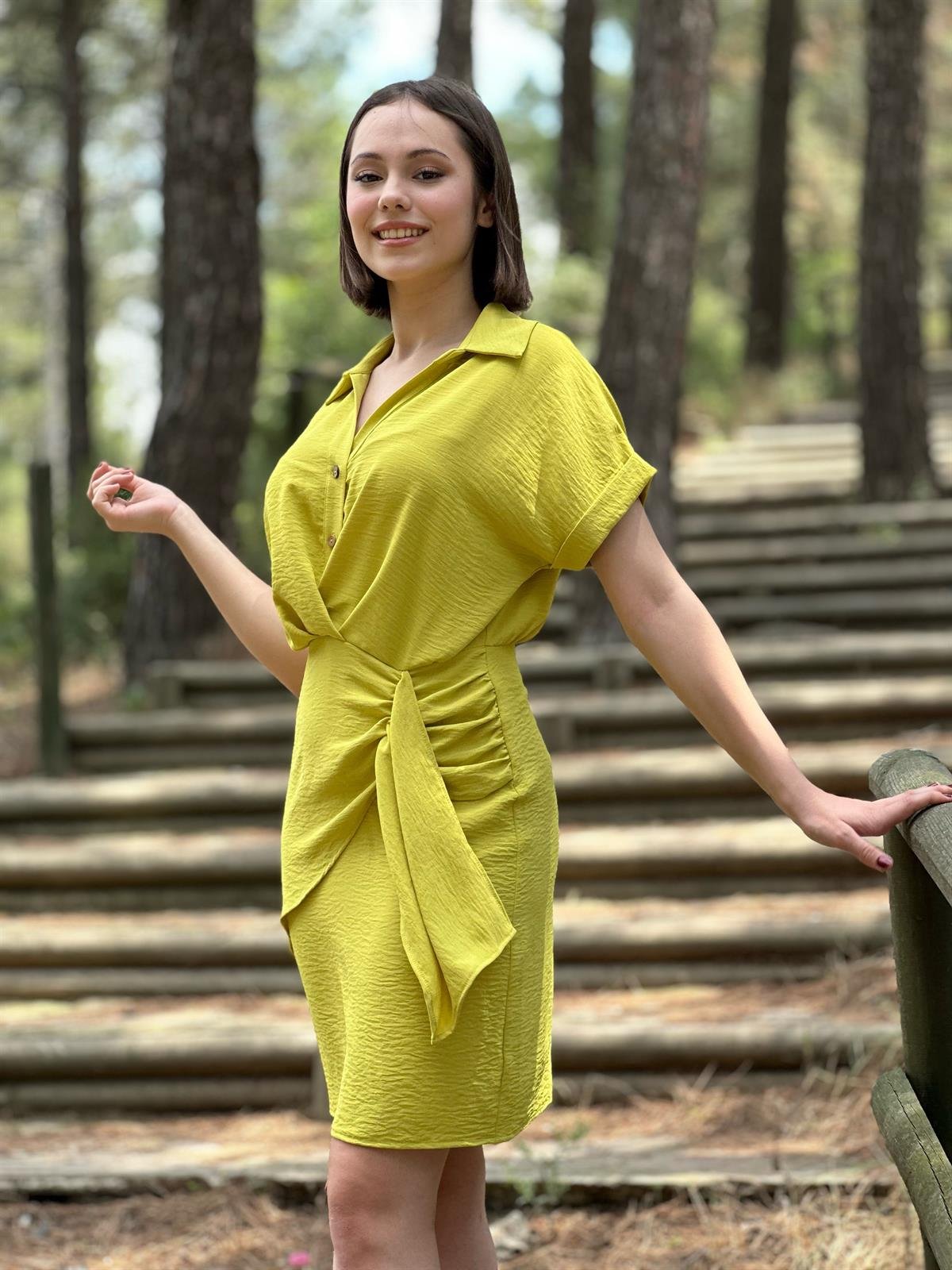 Zr Model Yağ Yeşili Keten Elbise 