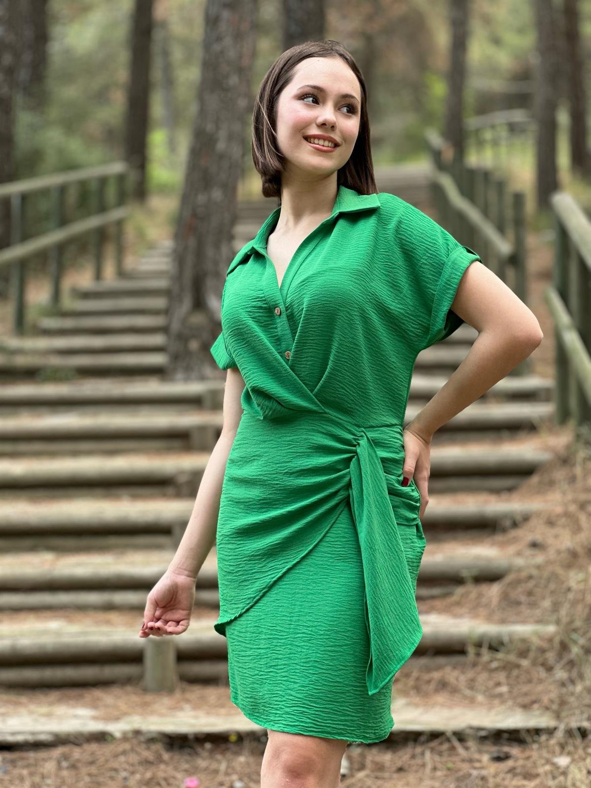 Zr Model Yeşil Keten Elbise 