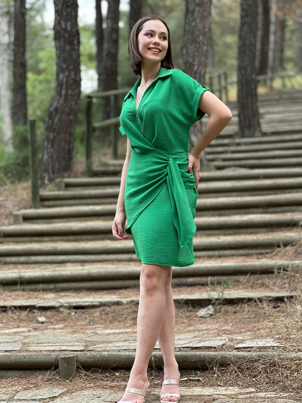 Zr Model Yeşil Keten Elbise 