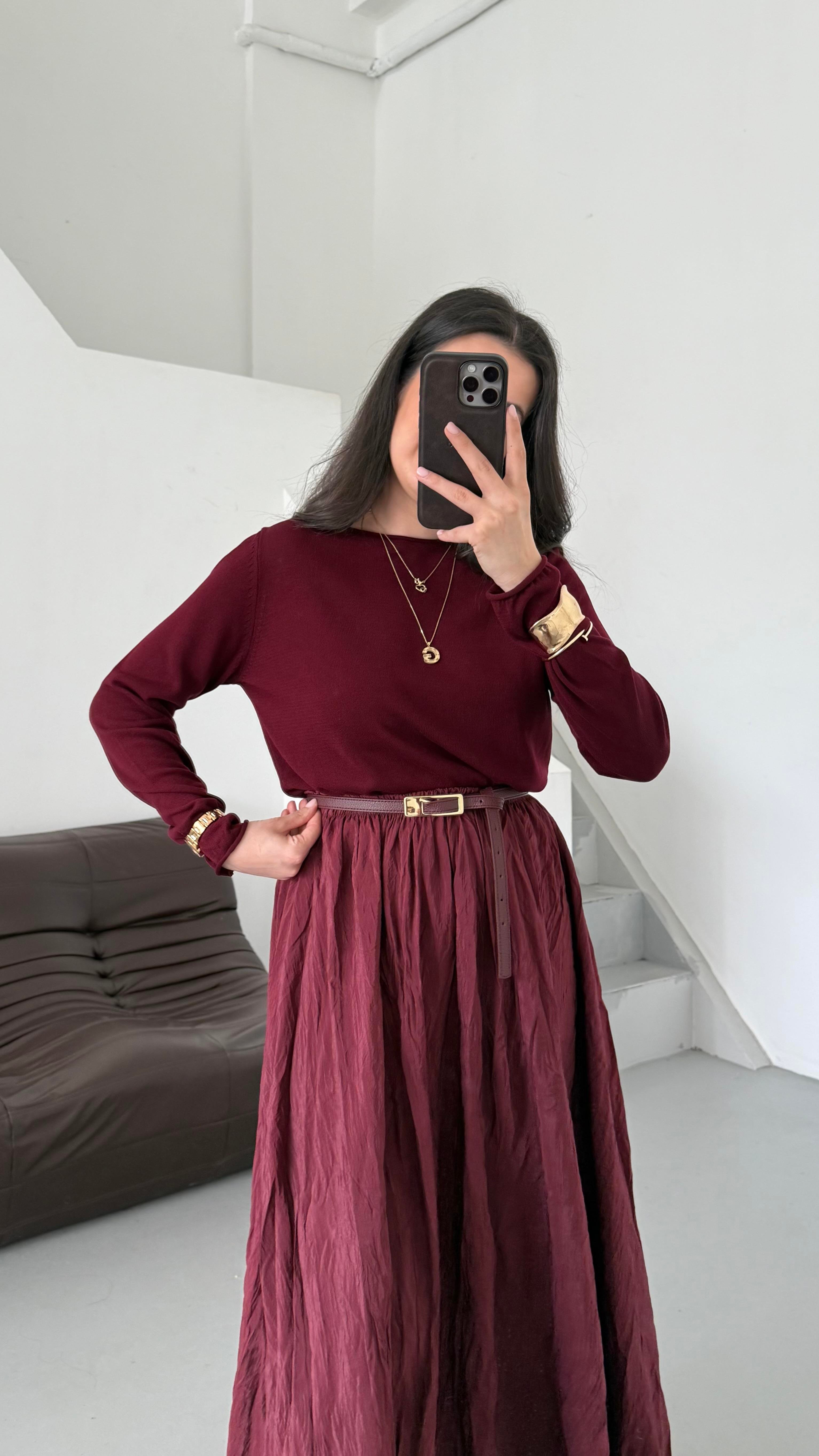  Bordo Viskon Örme Triko Bluz