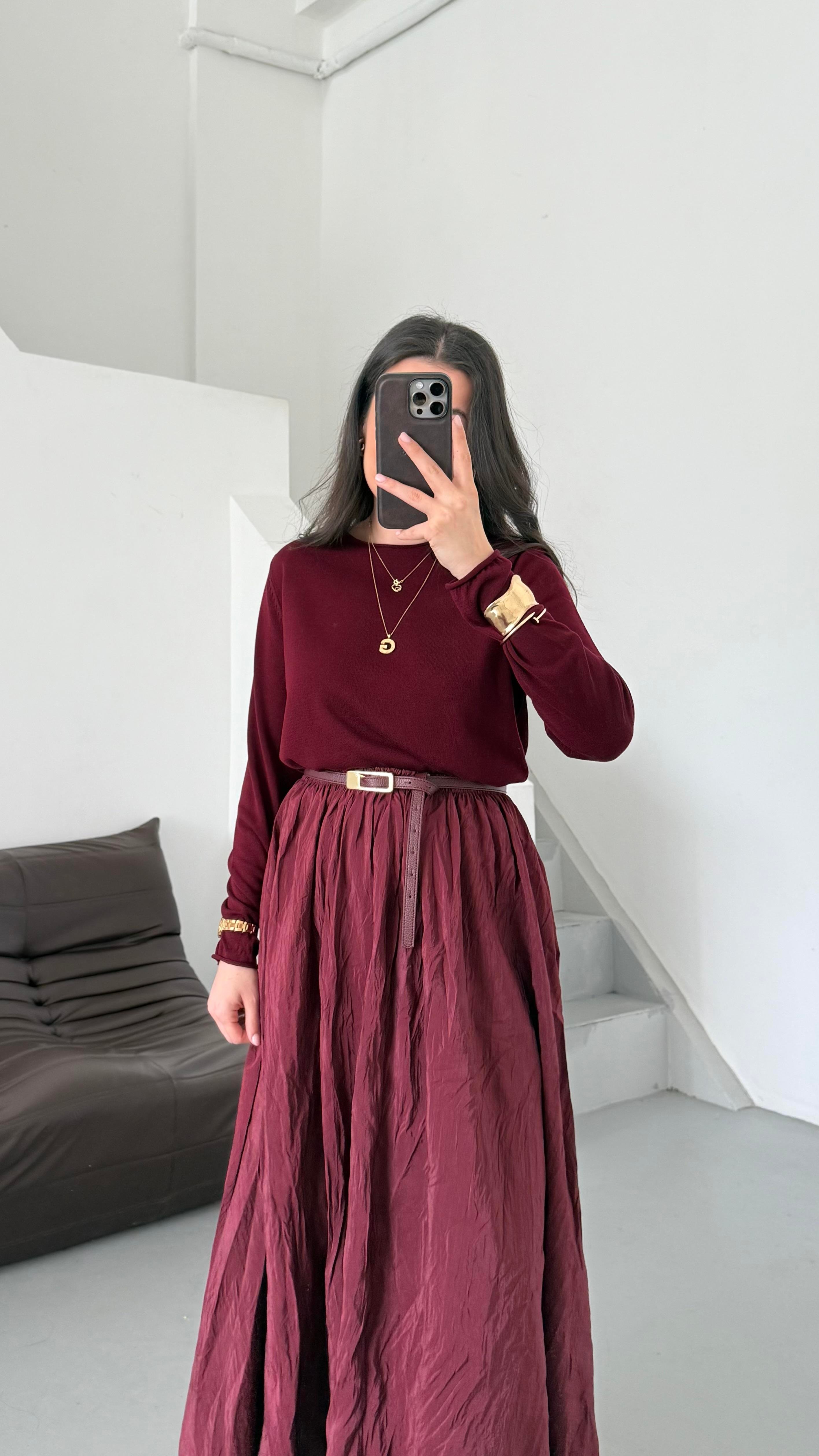  Bordo Viskon Örme Triko Bluz