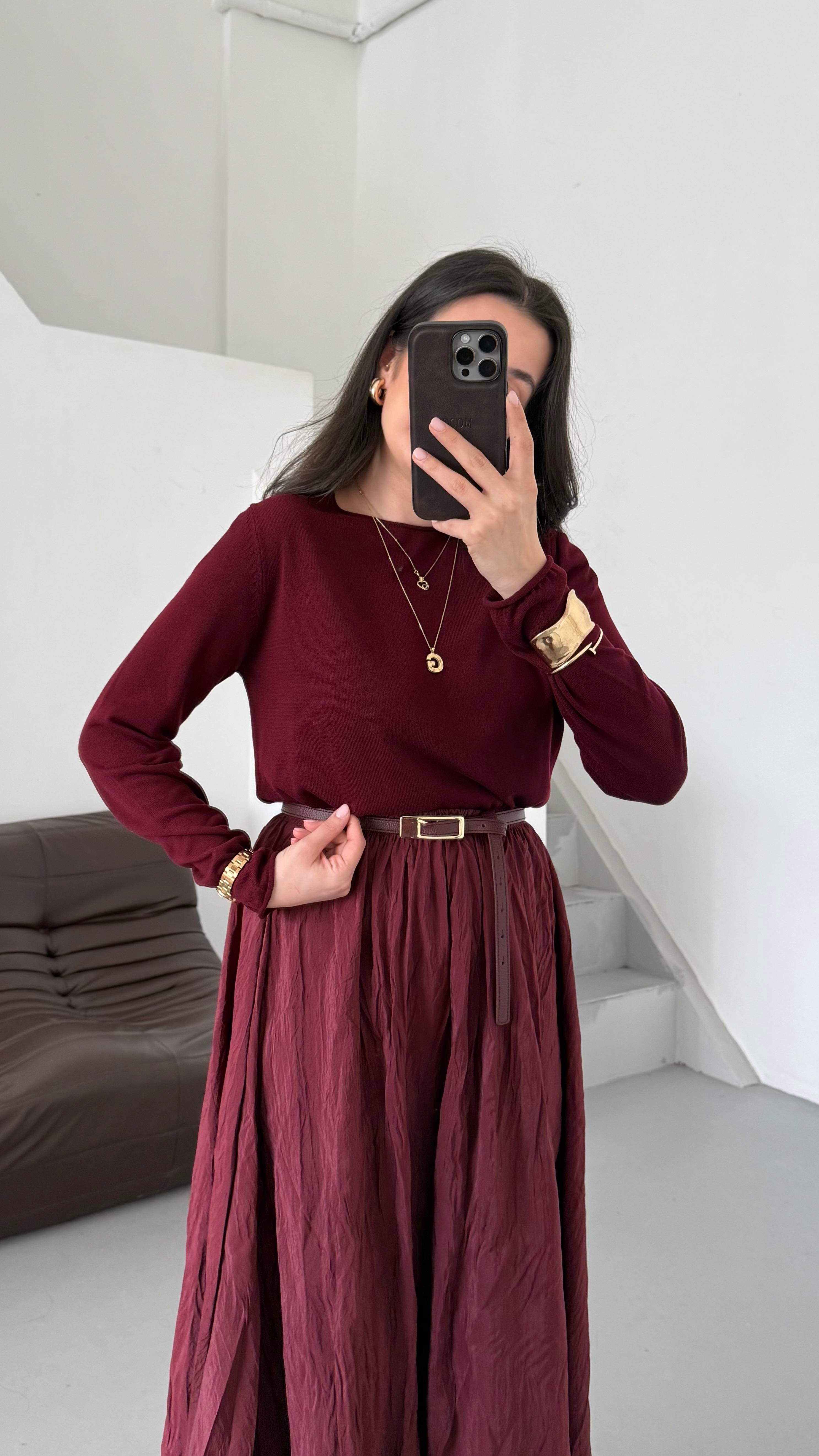  Bordo Viskon Örme Triko Bluz