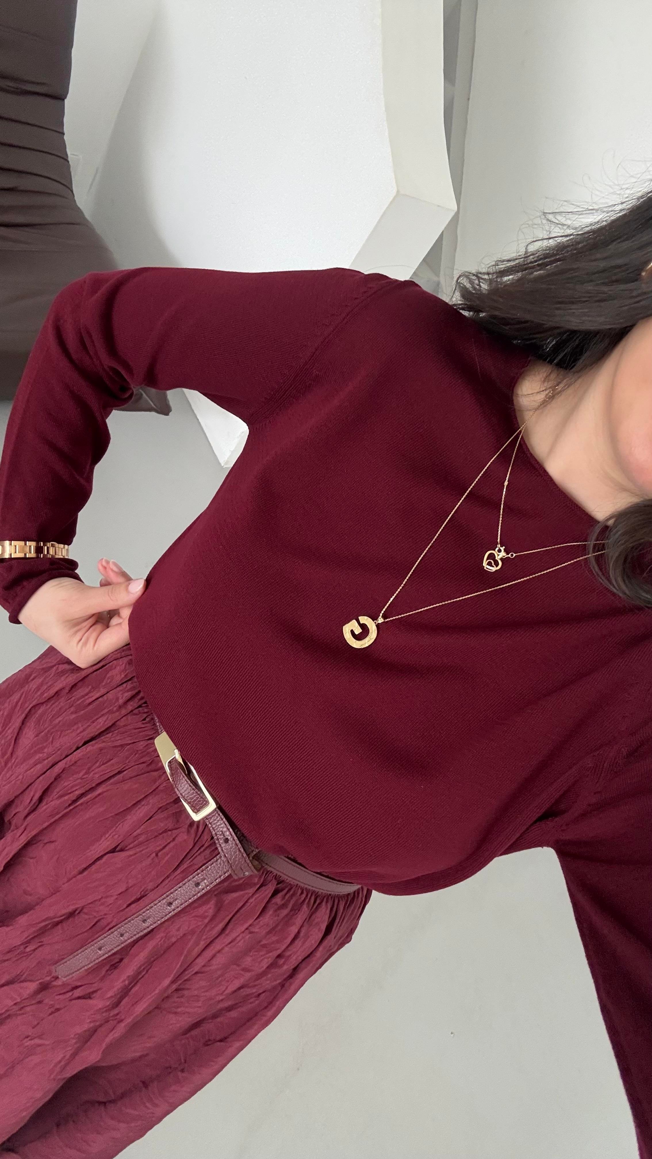  Bordo Viskon Örme Triko Bluz