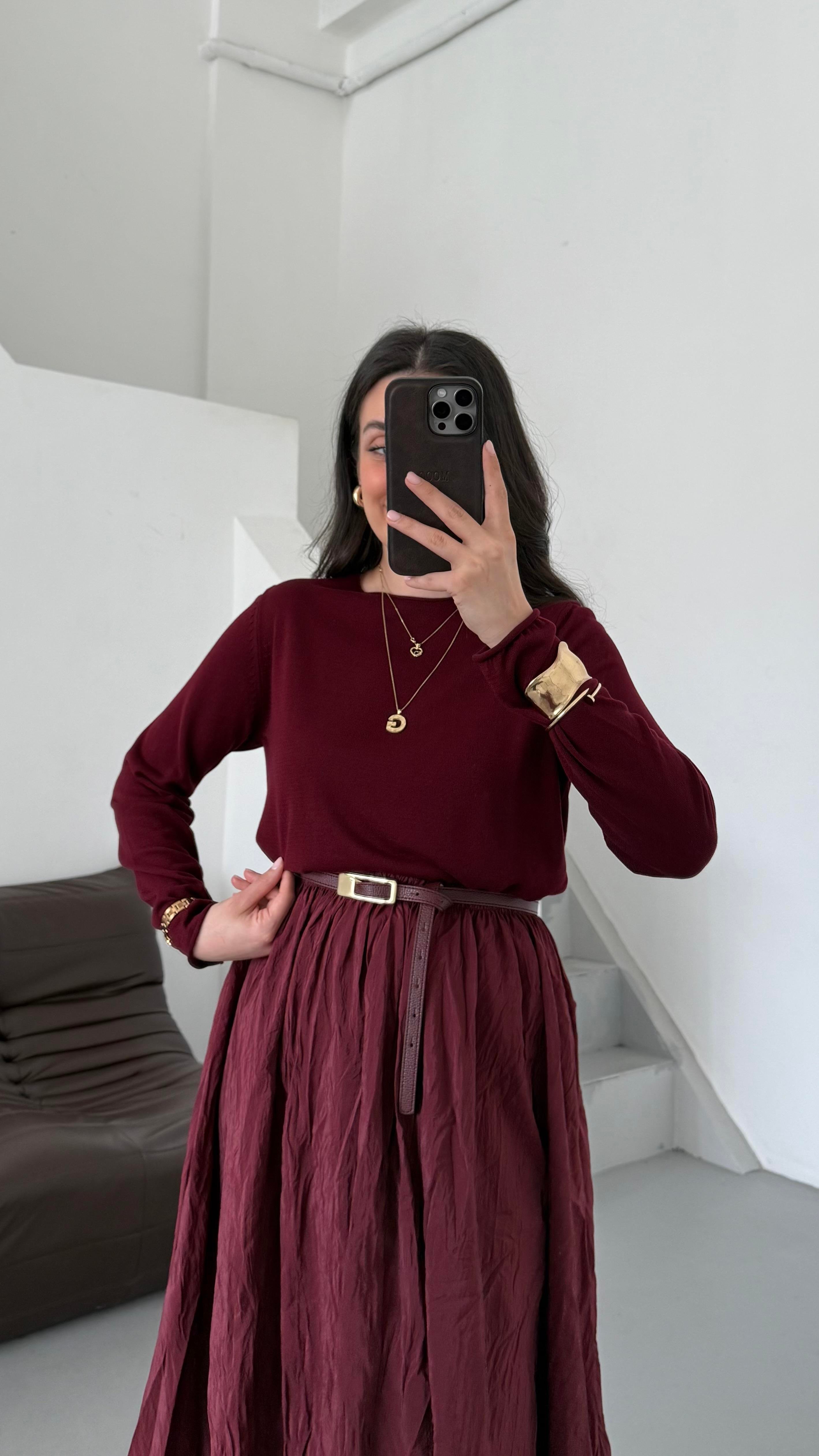  Bordo Viskon Örme Triko Bluz