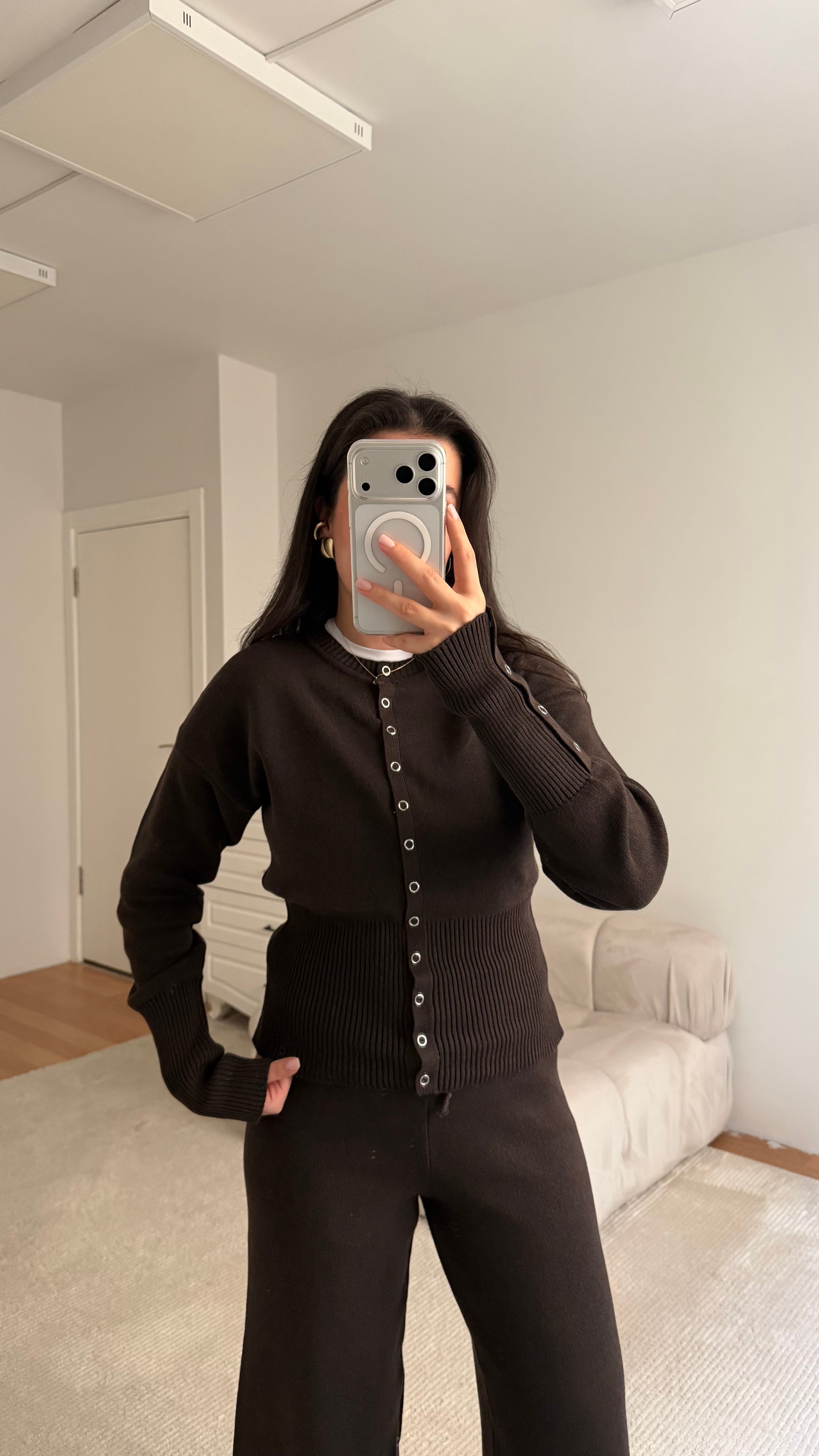 Acı Kahve Bisiklet Yaka Çıtçıtlı 2'li Triko Takım