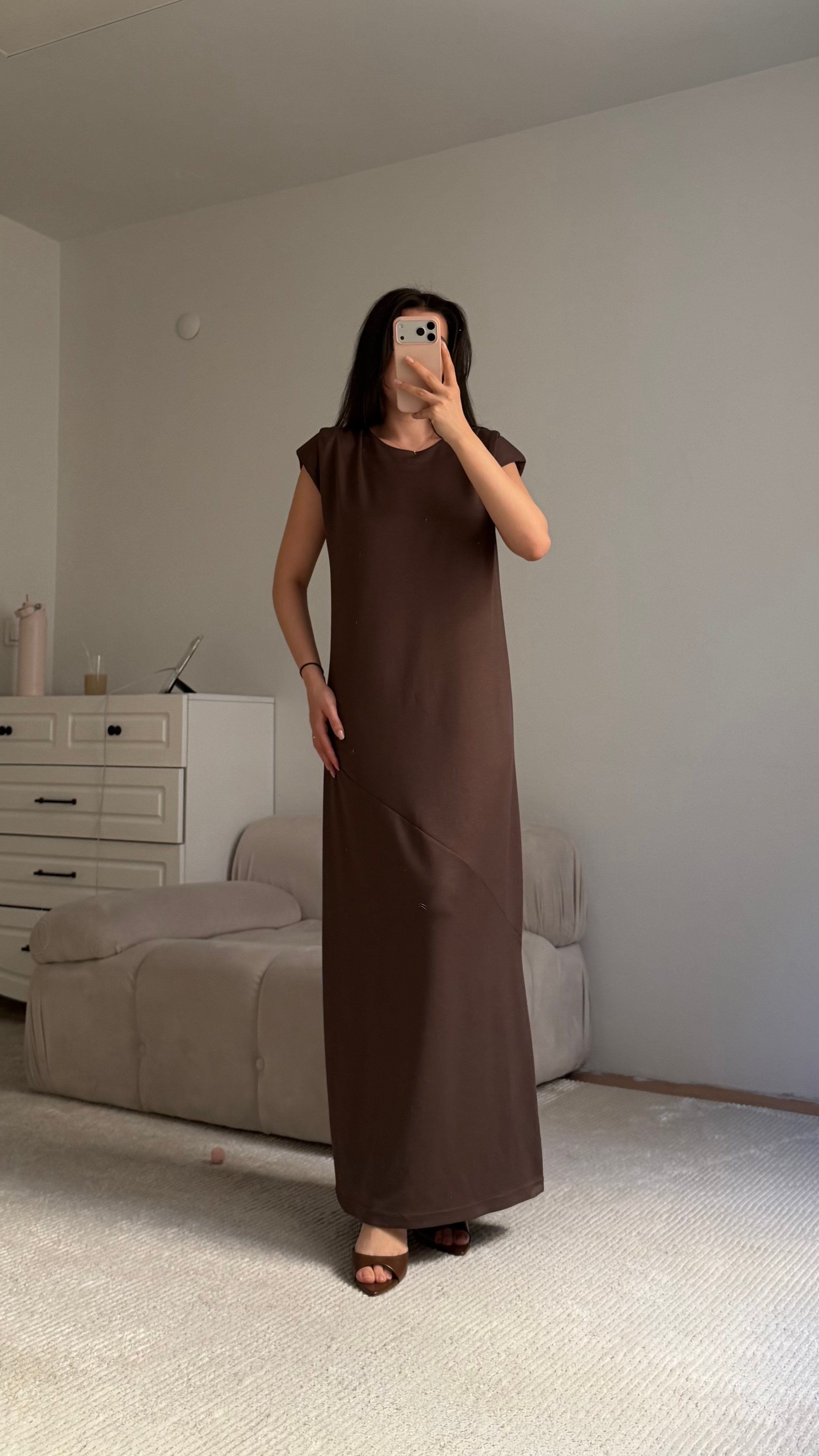 Acı Kahve Bisiklet Yaka Vatkalı Dökümlü Maxi Elbise