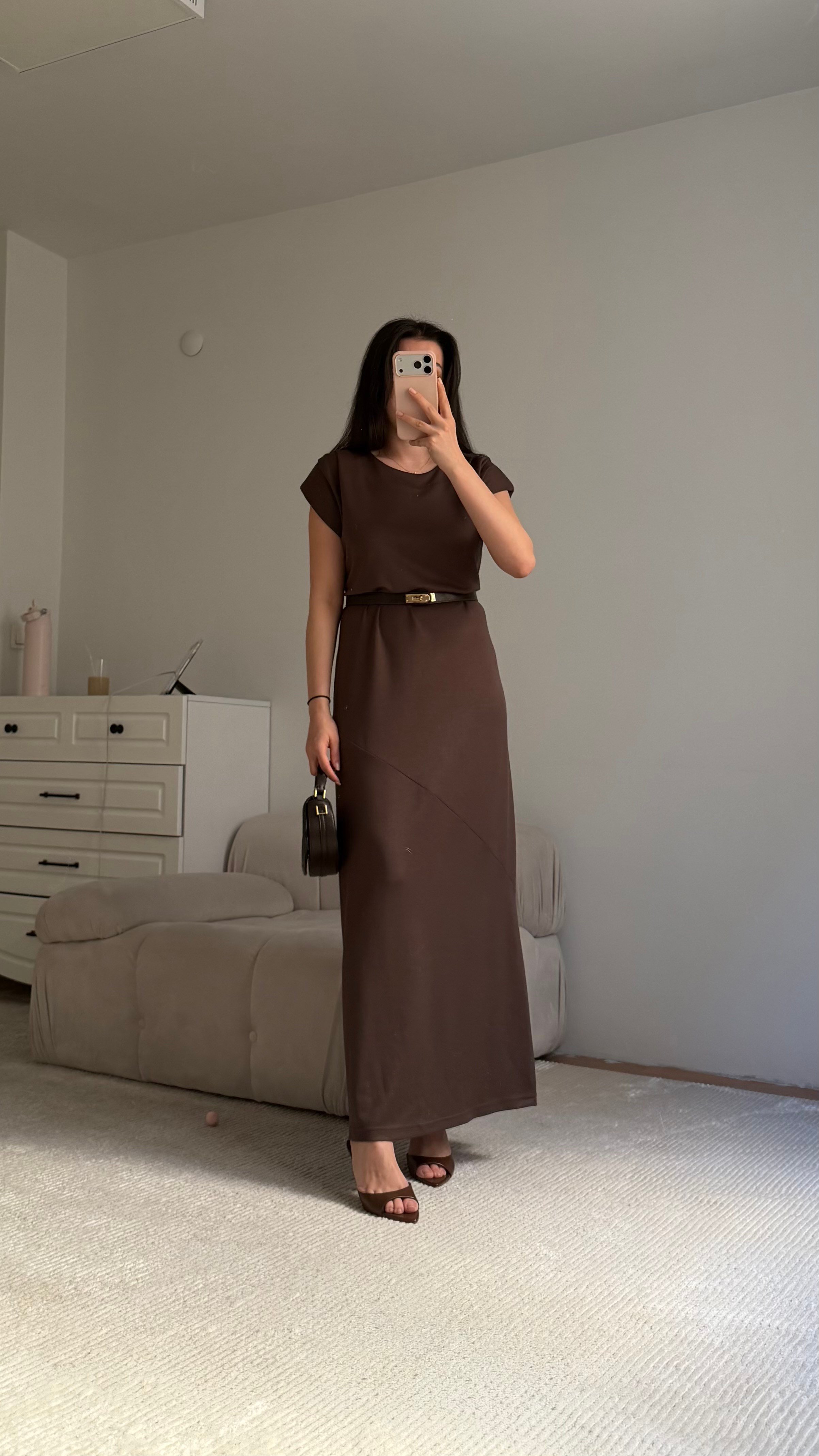 Acı Kahve Bisiklet Yaka Vatkalı Dökümlü Maxi Elbise