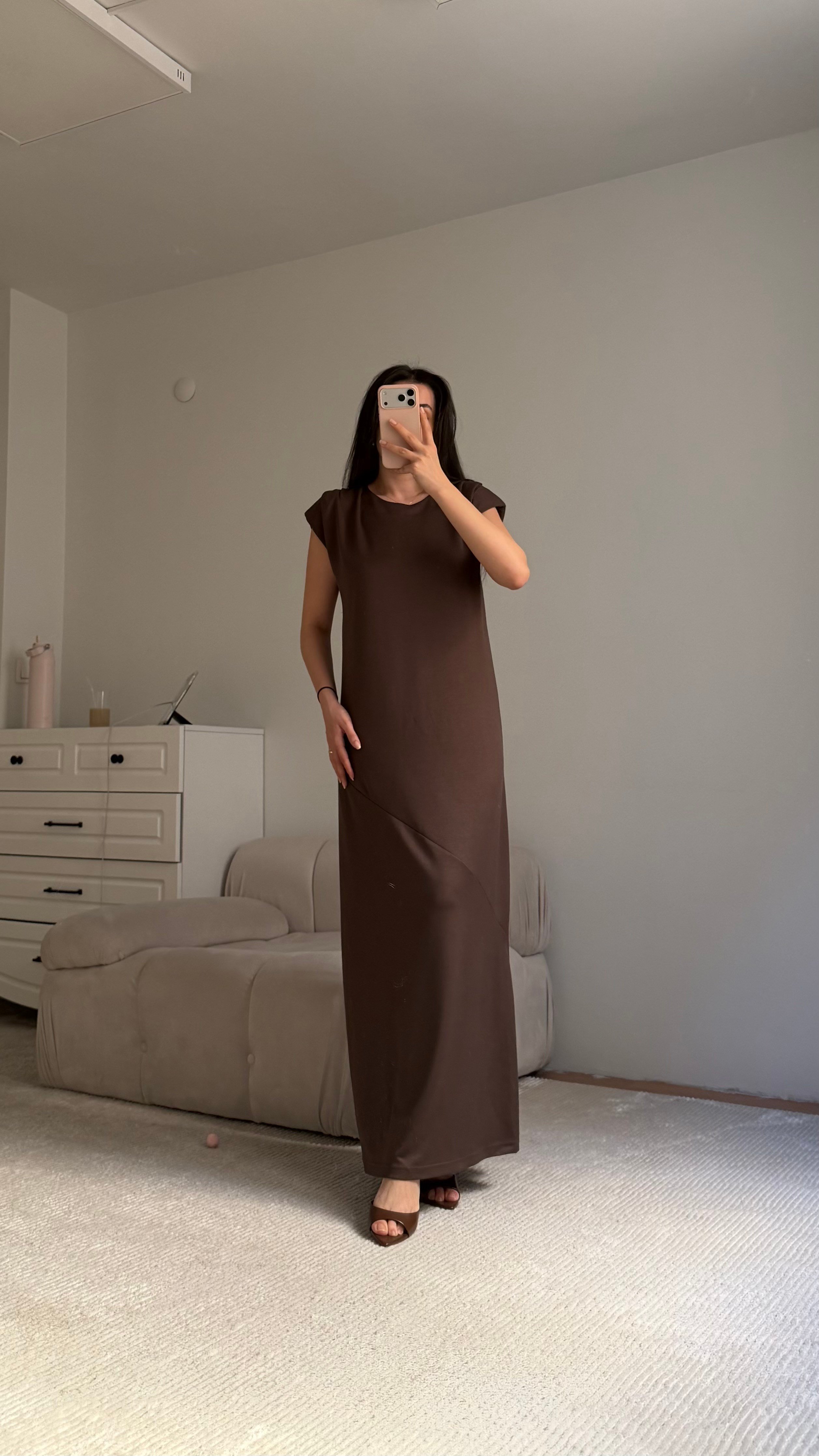 Acı Kahve Bisiklet Yaka Vatkalı Dökümlü Maxi Elbise