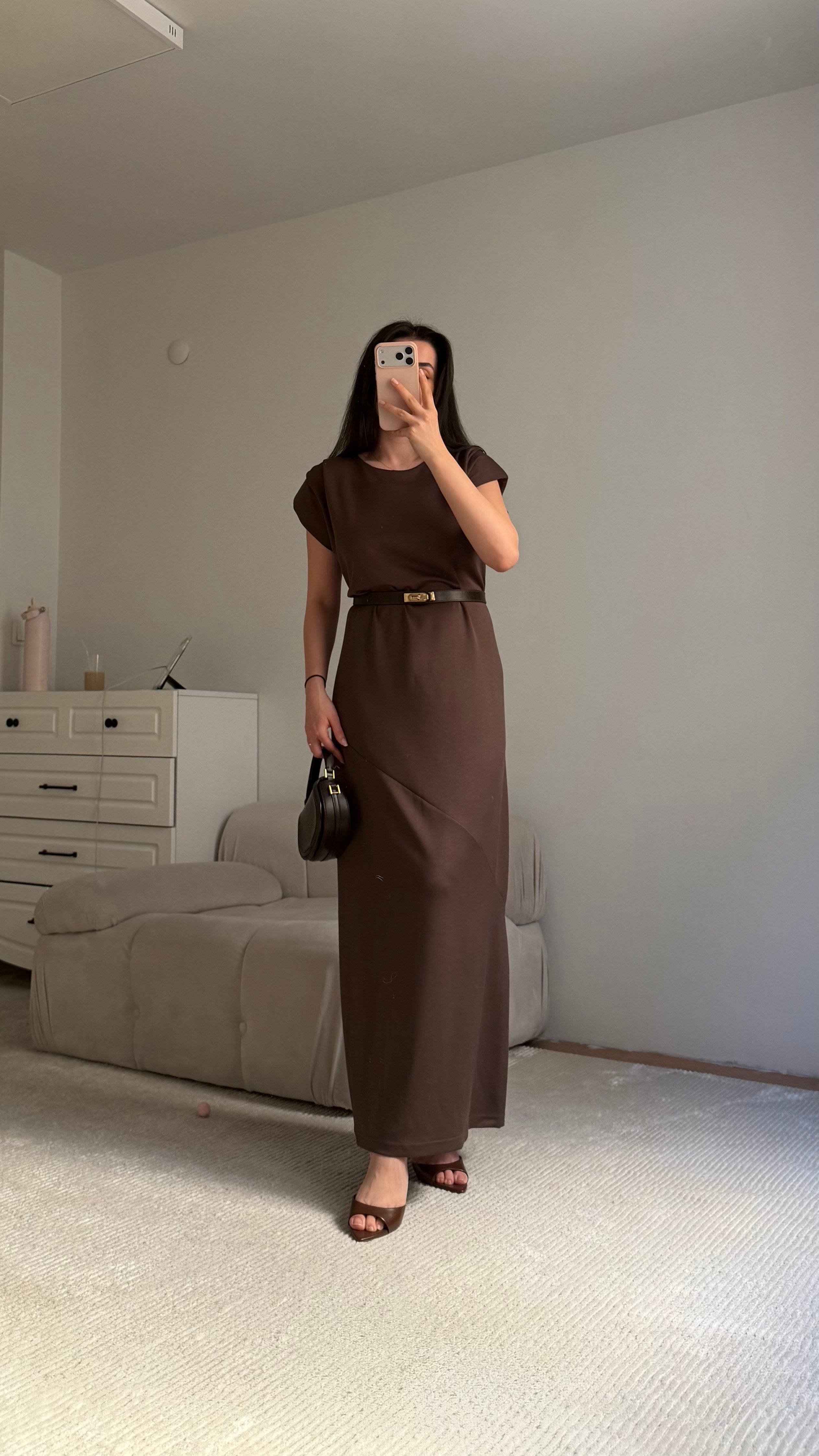 Acı Kahve Bisiklet Yaka Vatkalı Dökümlü Maxi Elbise