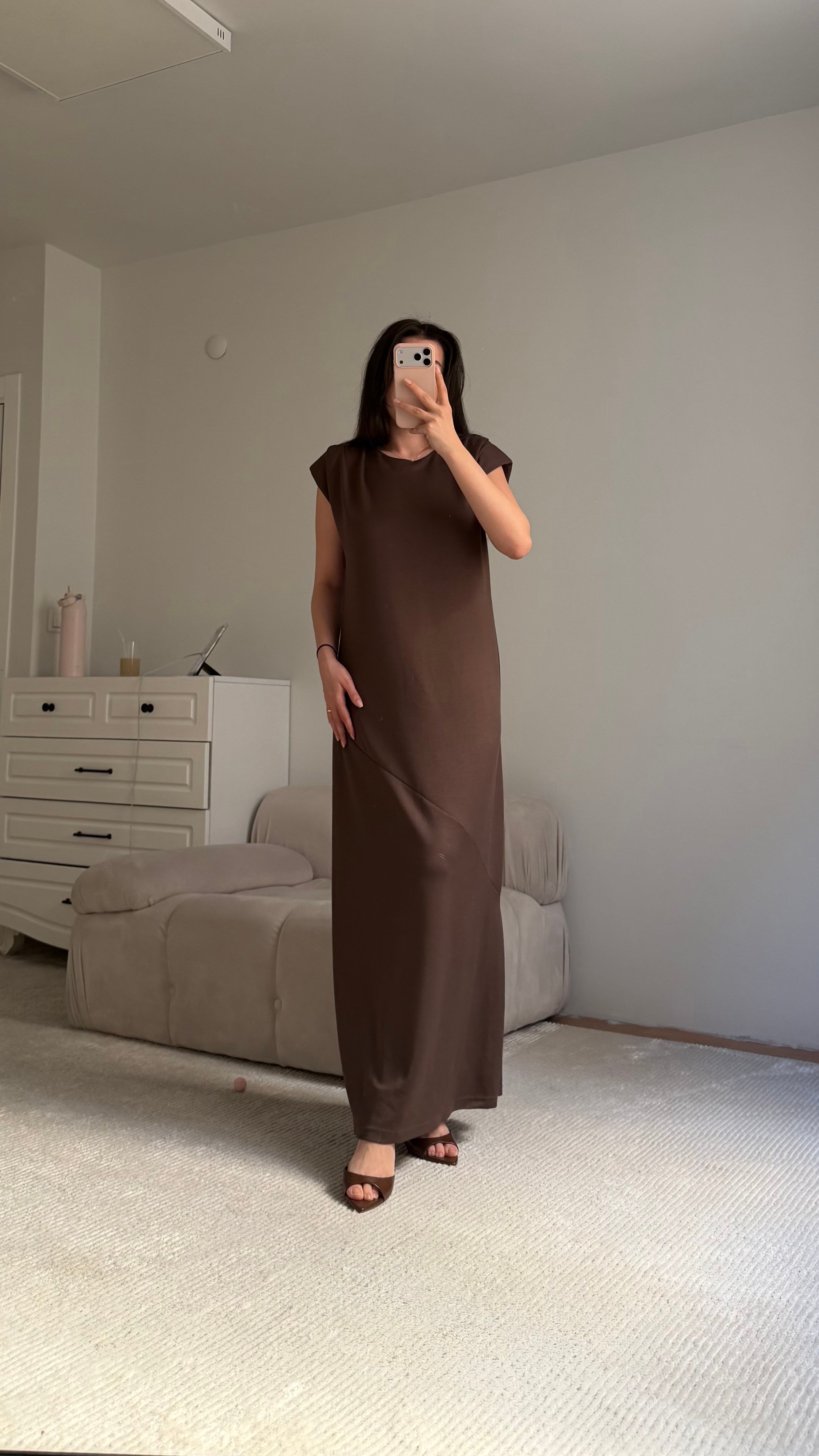 Acı Kahve Bisiklet Yaka Vatkalı Dökümlü Maxi Elbise