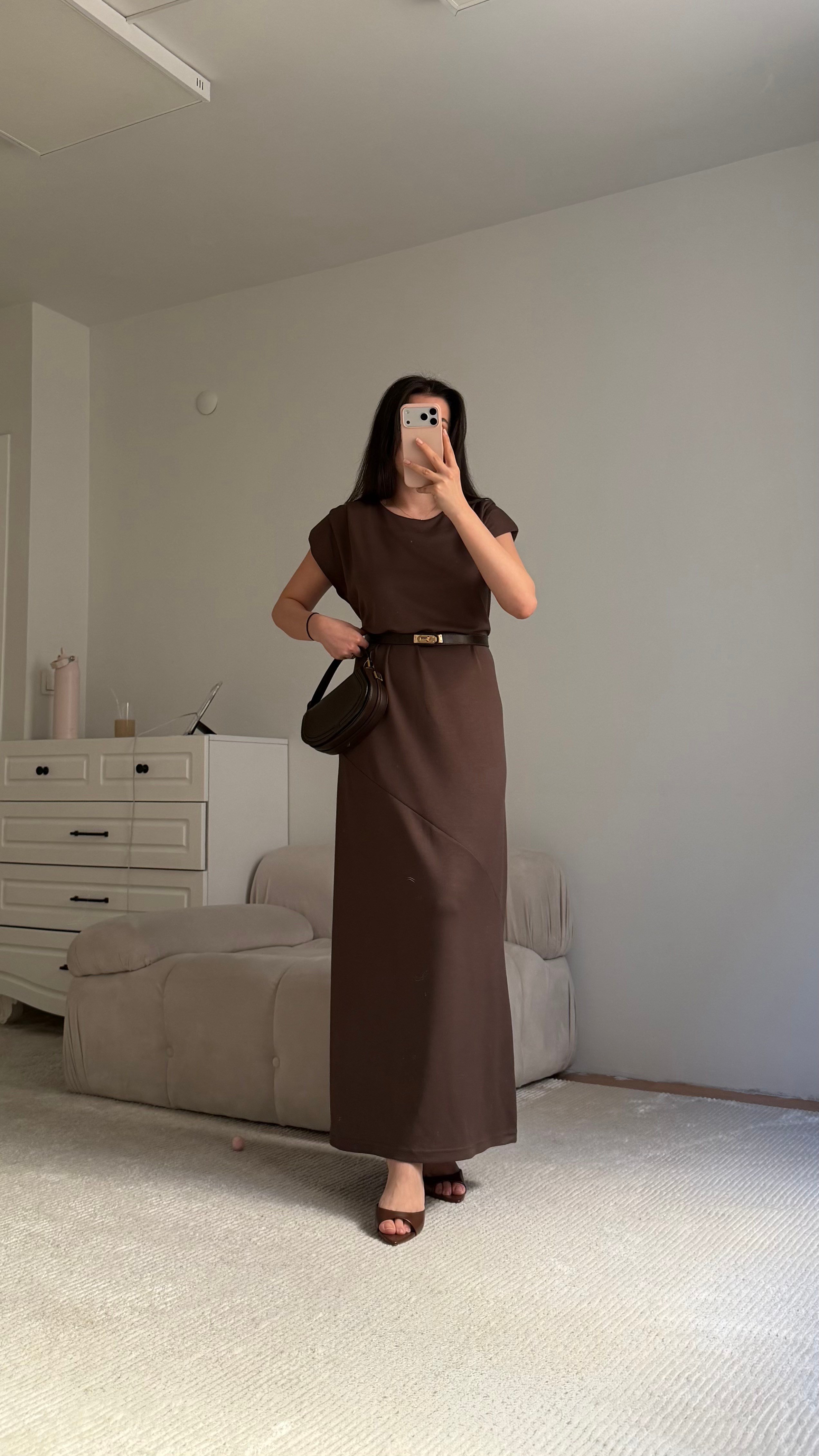 Acı Kahve Bisiklet Yaka Vatkalı Dökümlü Maxi Elbise