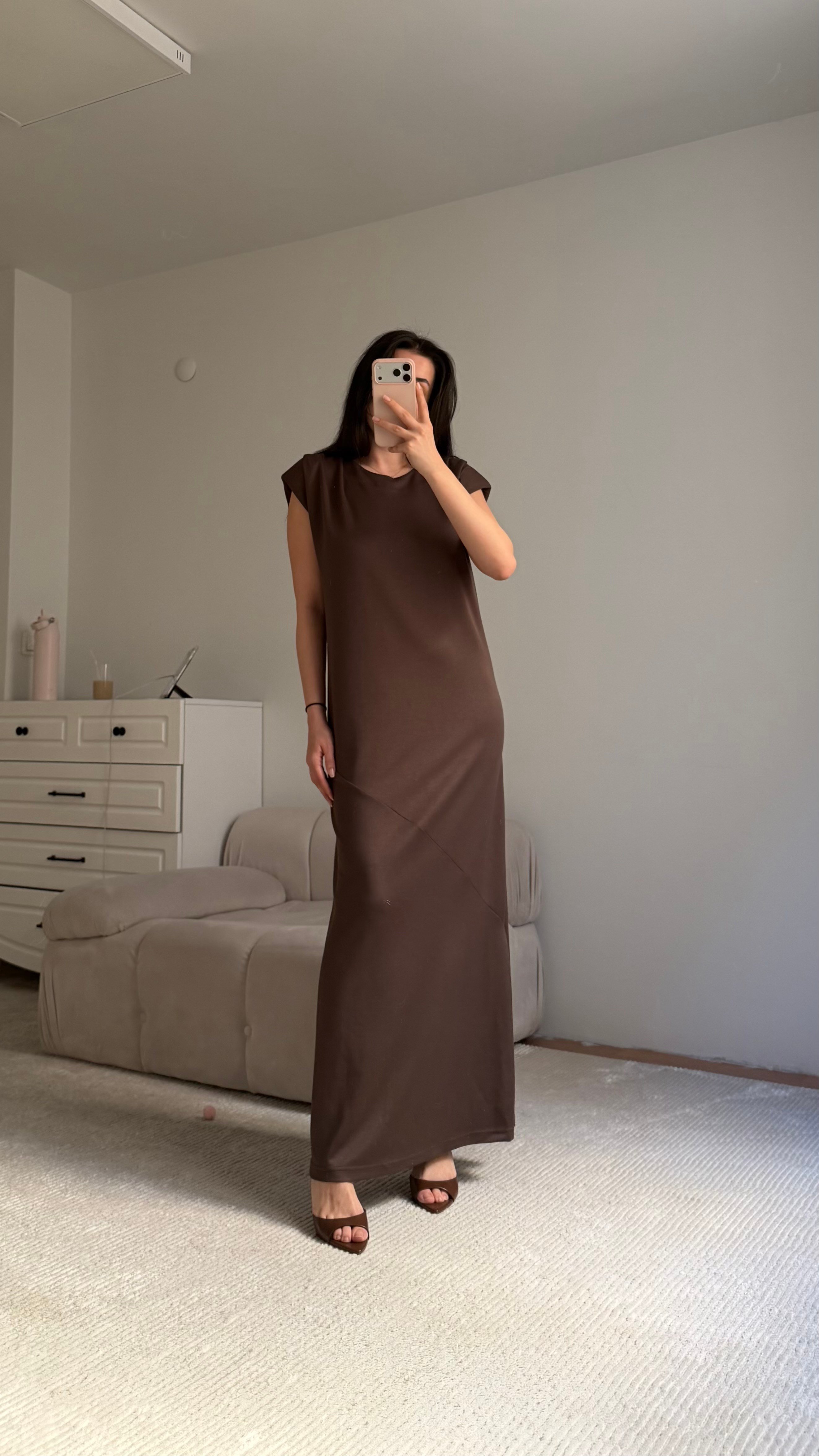 Acı Kahve Bisiklet Yaka Vatkalı Dökümlü Maxi Elbise