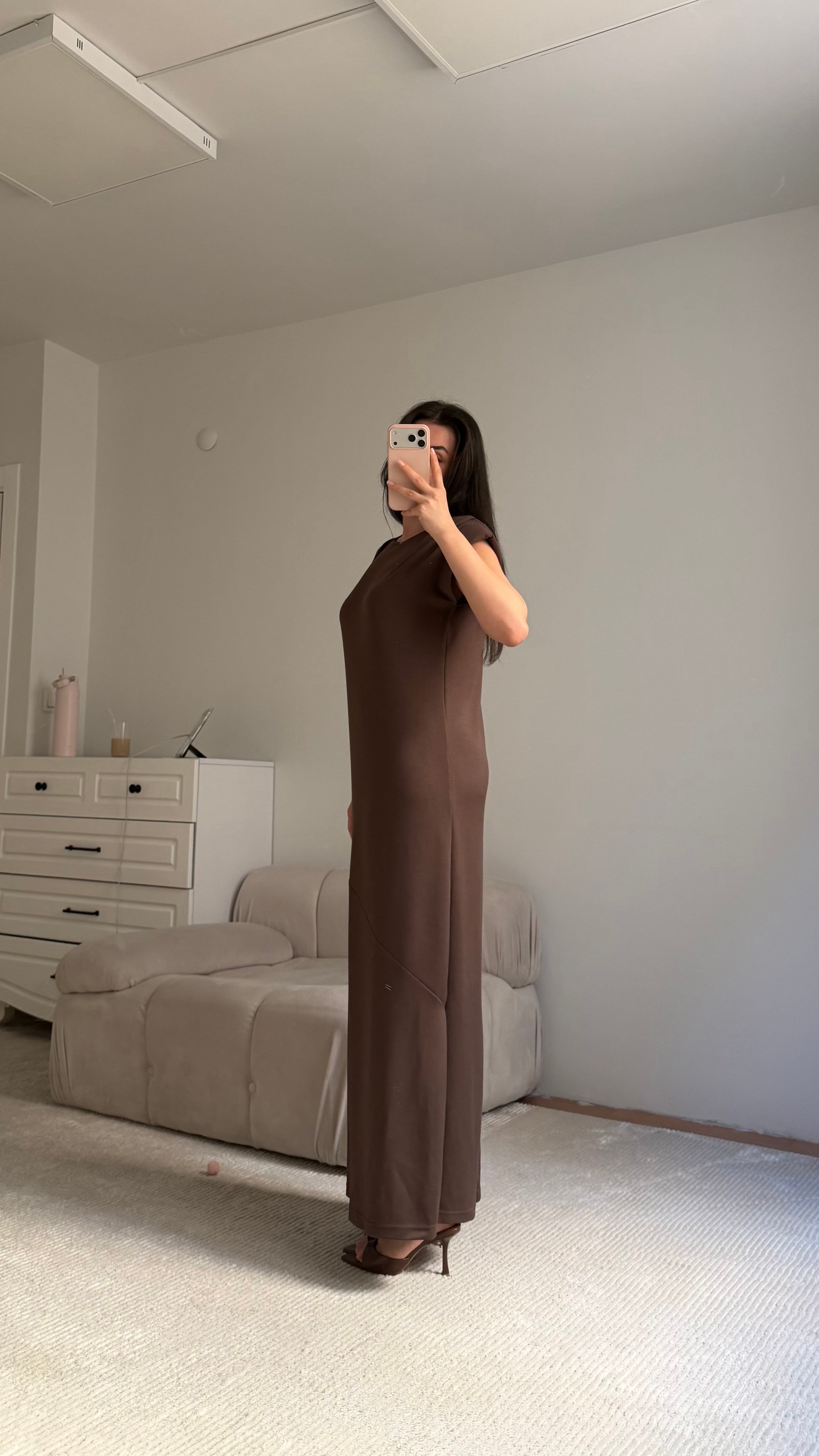 Acı Kahve Bisiklet Yaka Vatkalı Dökümlü Maxi Elbise
