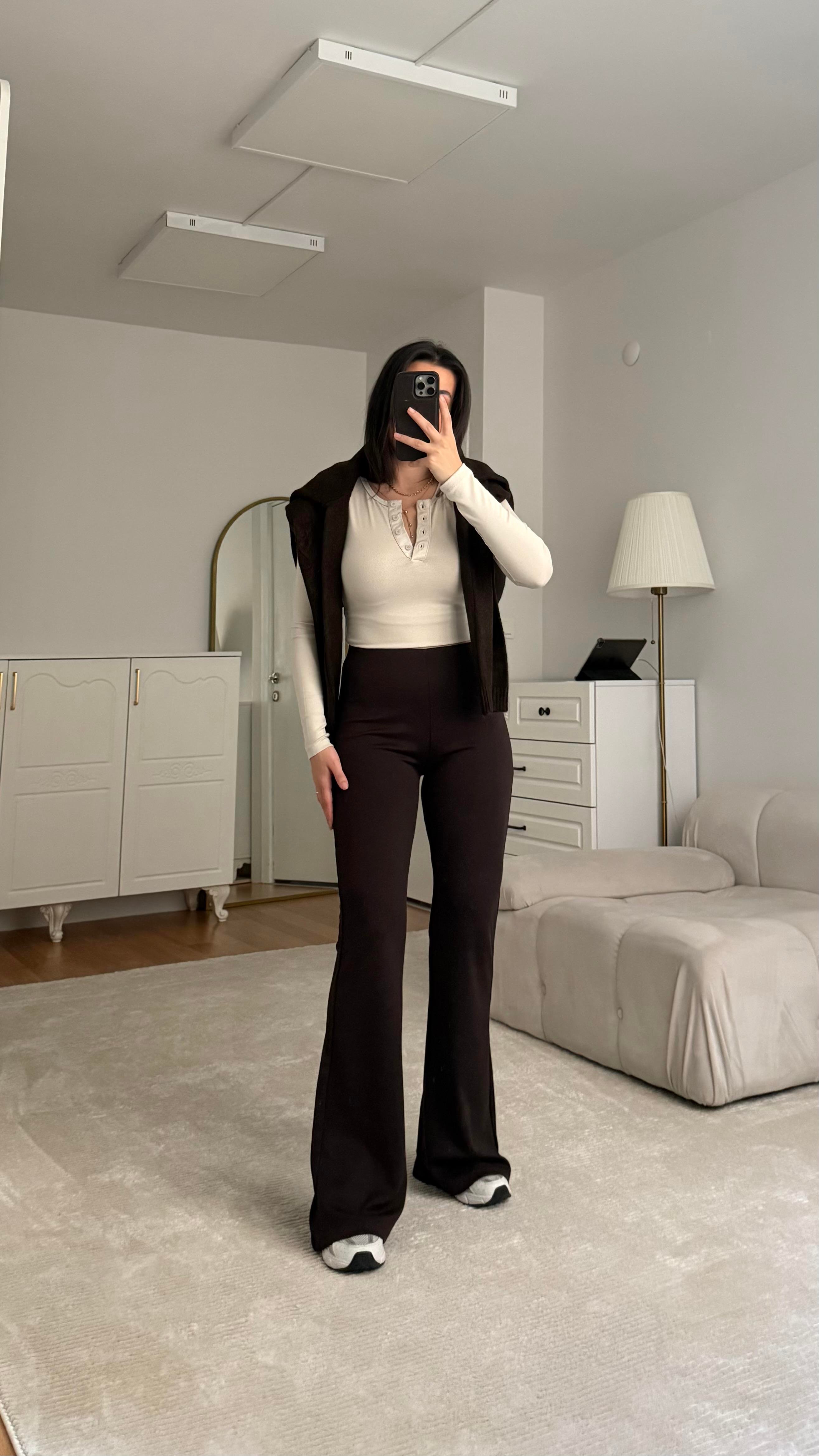 Acı Kahve Çelik Örme Wide Leg Tayt Pantolon