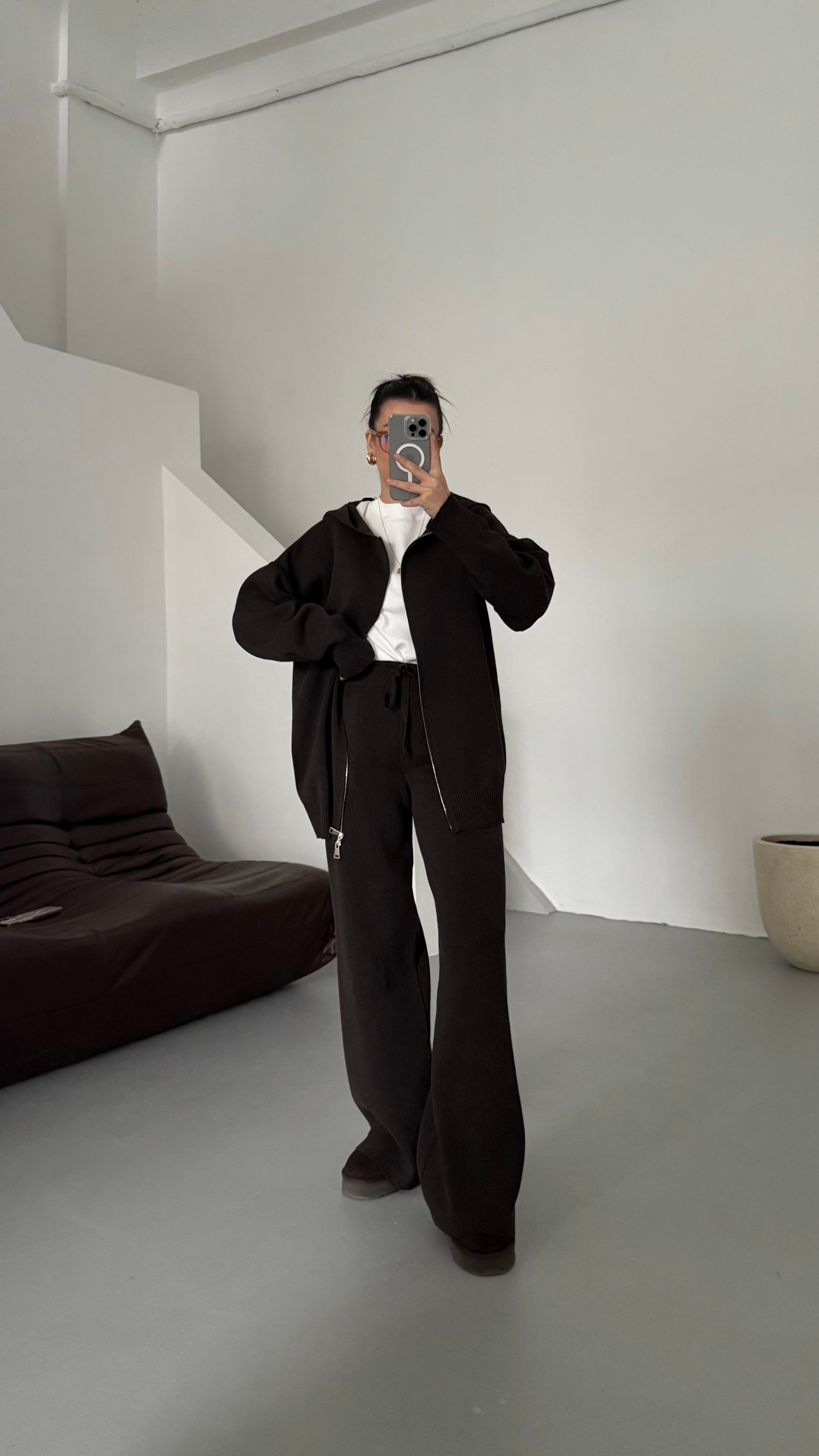 Acı Kahve Çift Fermuar Çelik Örme Takım