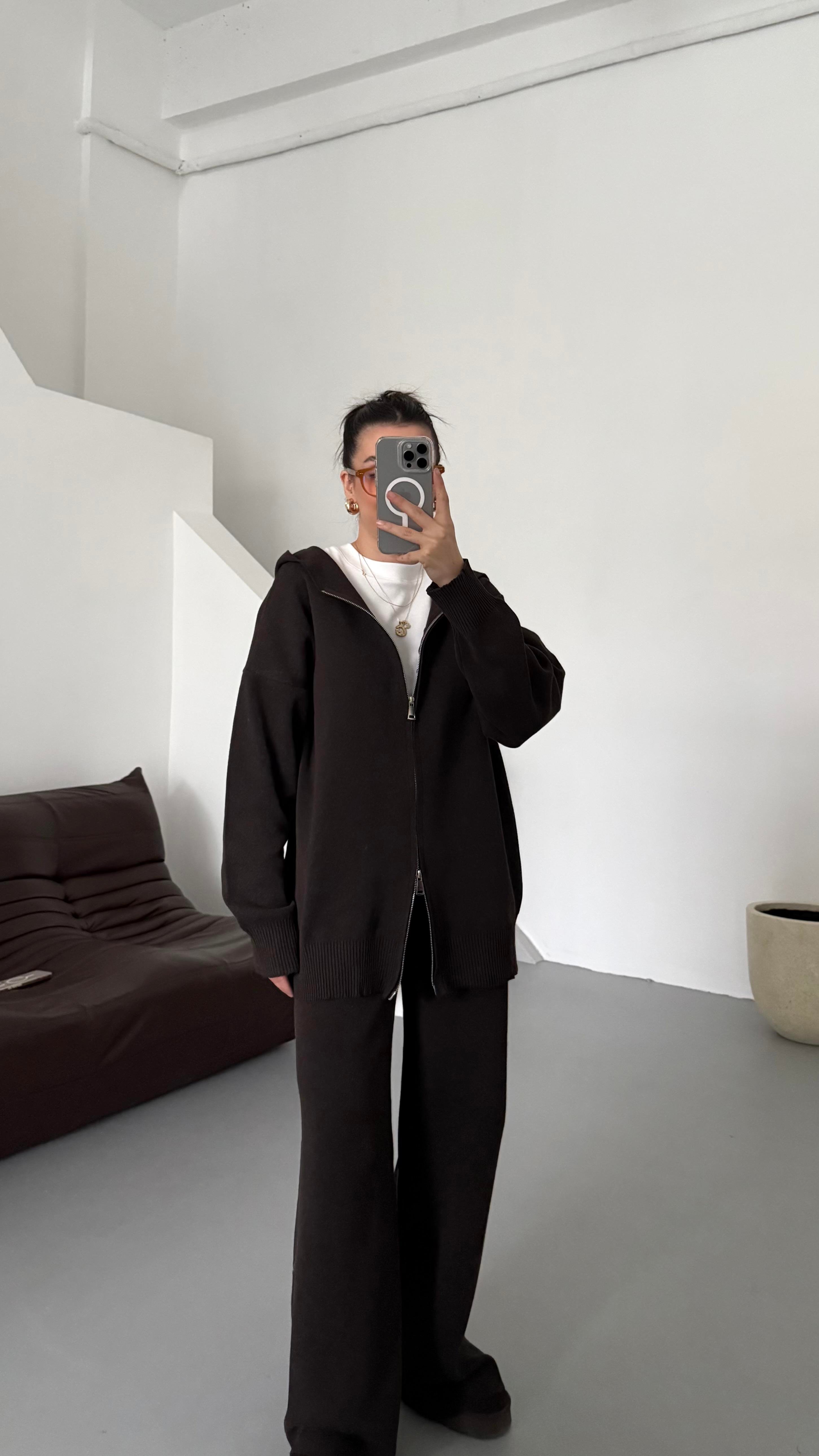 Acı Kahve Çift Fermuar Çelik Örme Takım