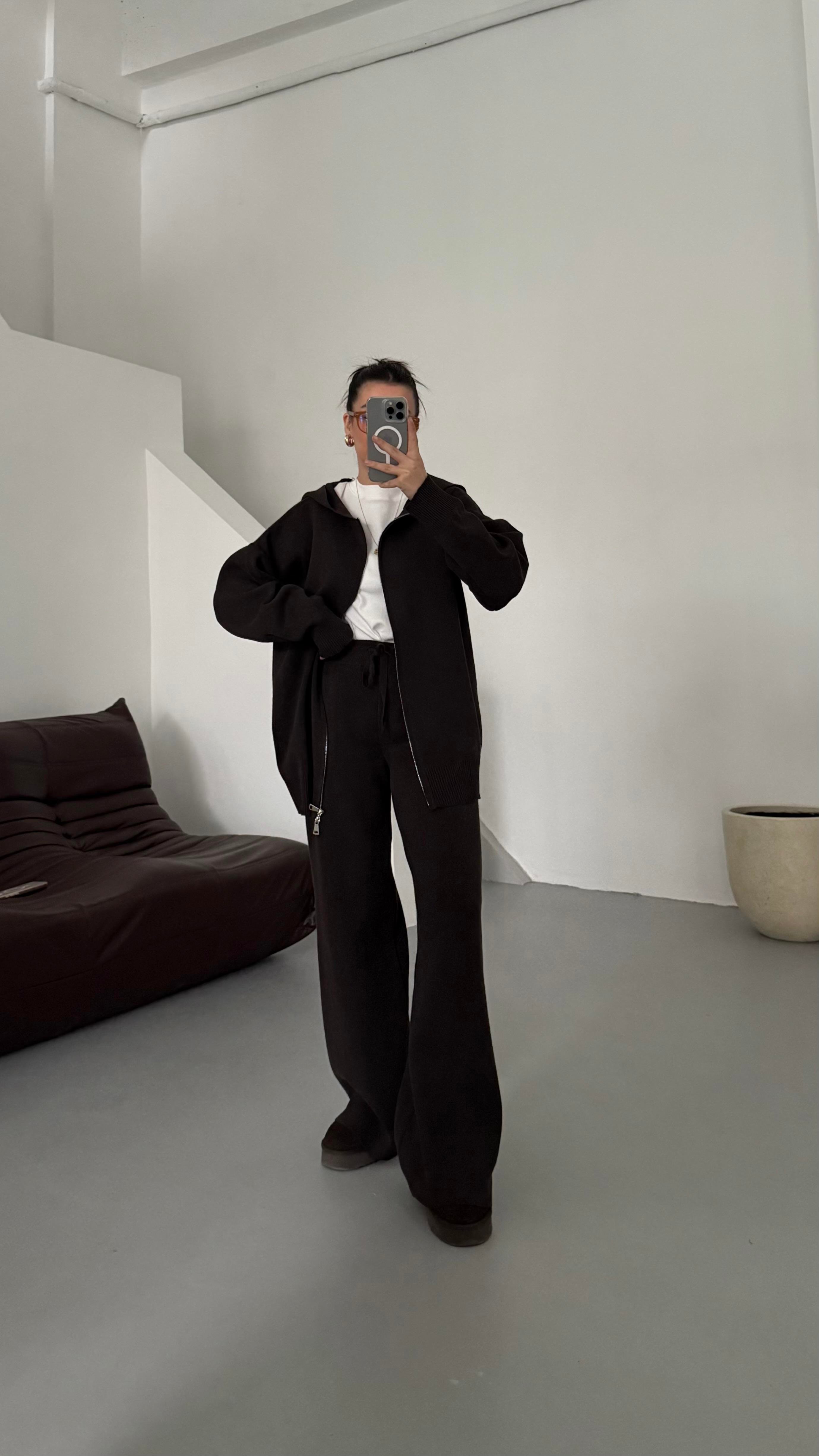 Acı Kahve Çift Fermuar Çelik Örme Takım