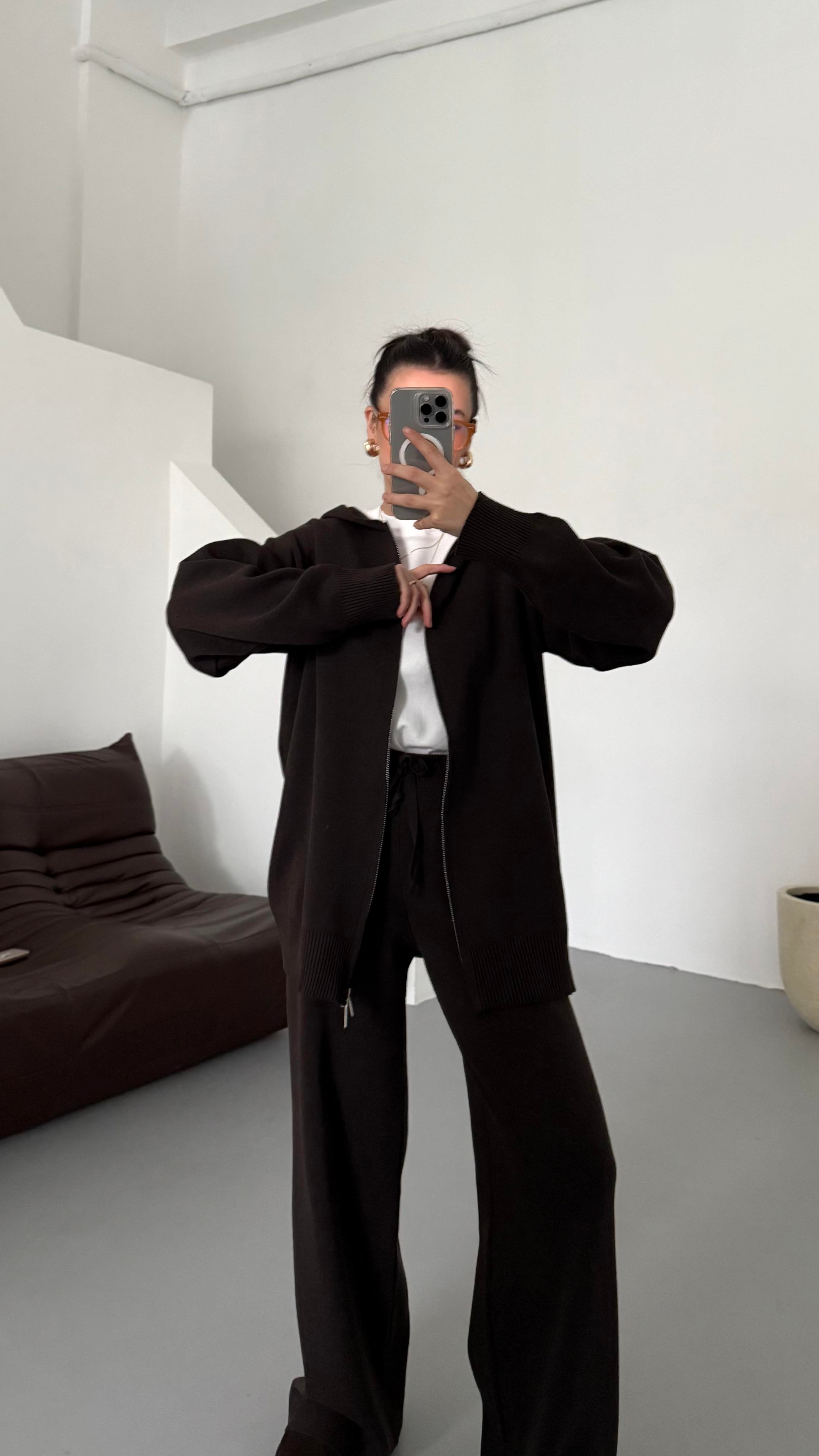 Acı Kahve Çift Fermuar Çelik Örme Takım