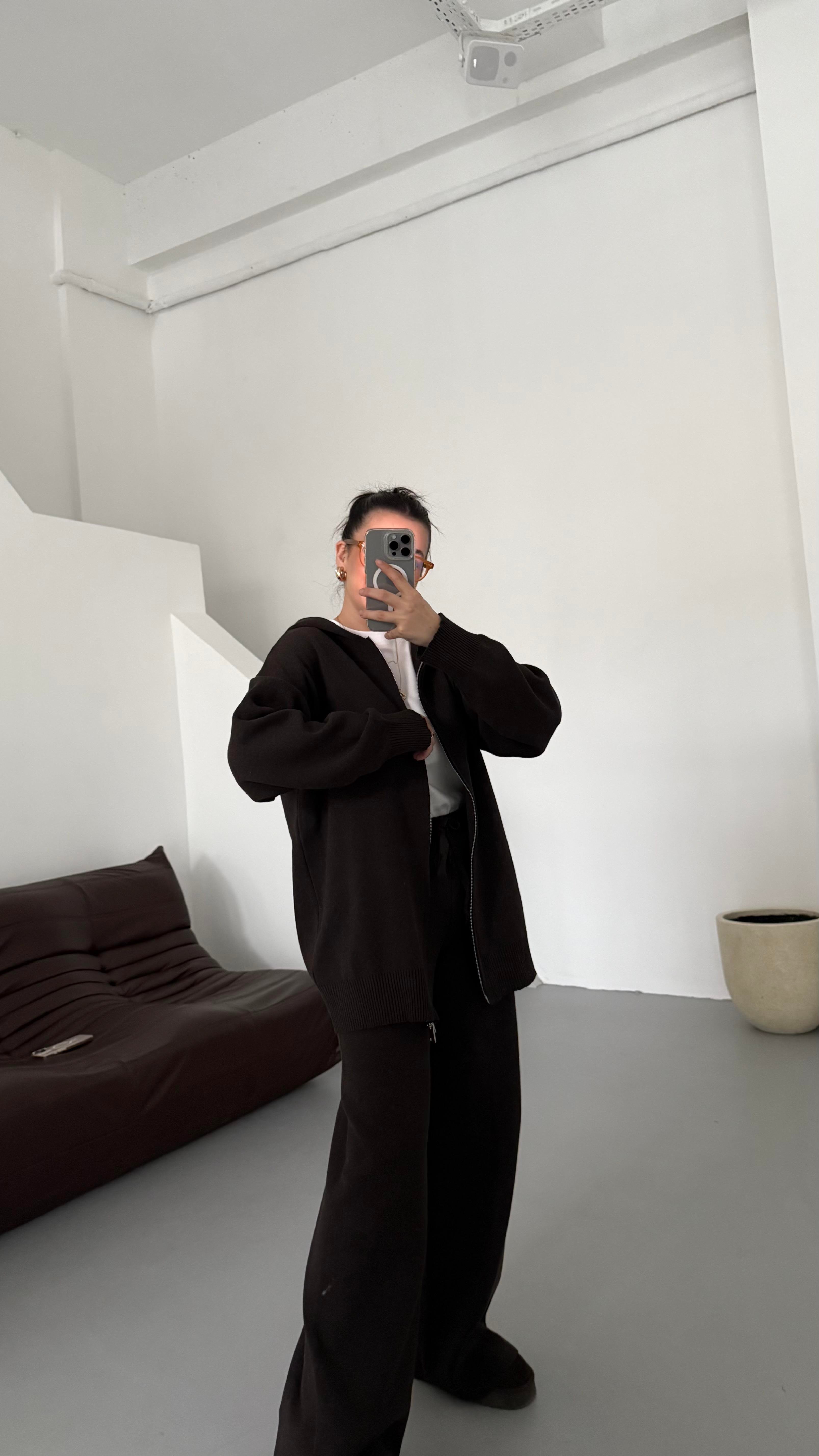 Acı Kahve Çift Fermuar Çelik Örme Takım