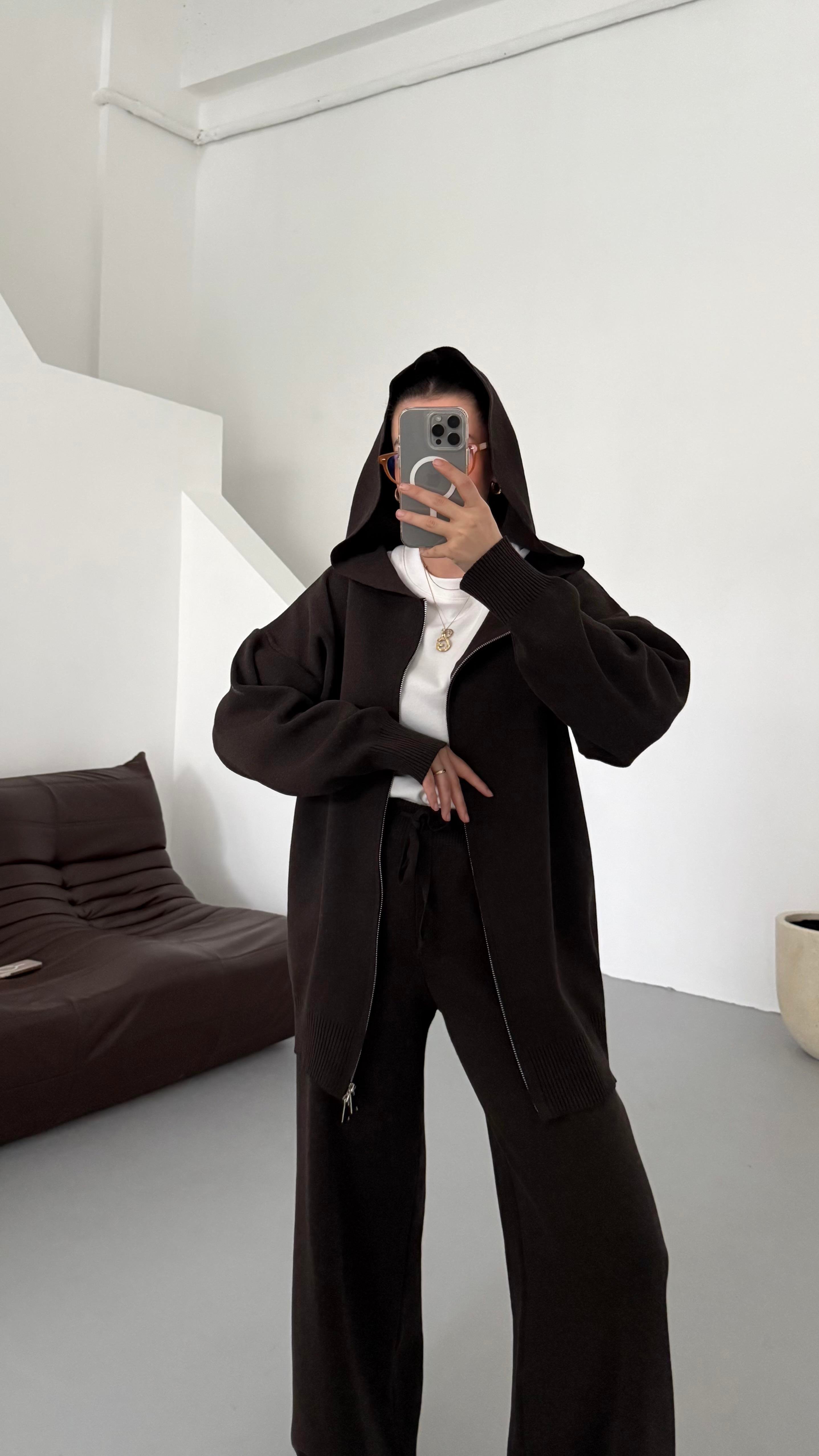 Acı Kahve Çift Fermuar Çelik Örme Takım