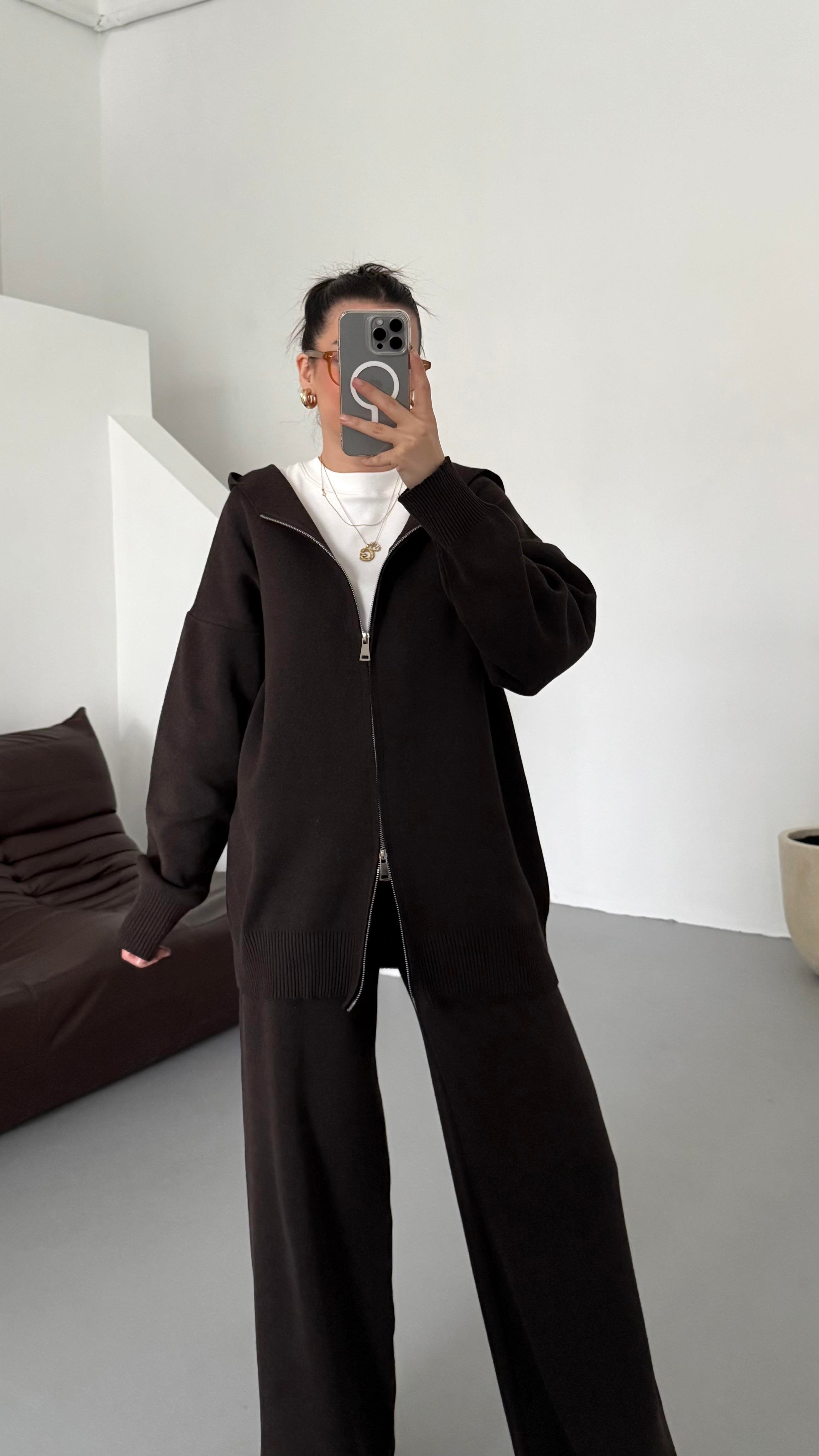 Acı Kahve Çift Fermuar Çelik Örme Takım