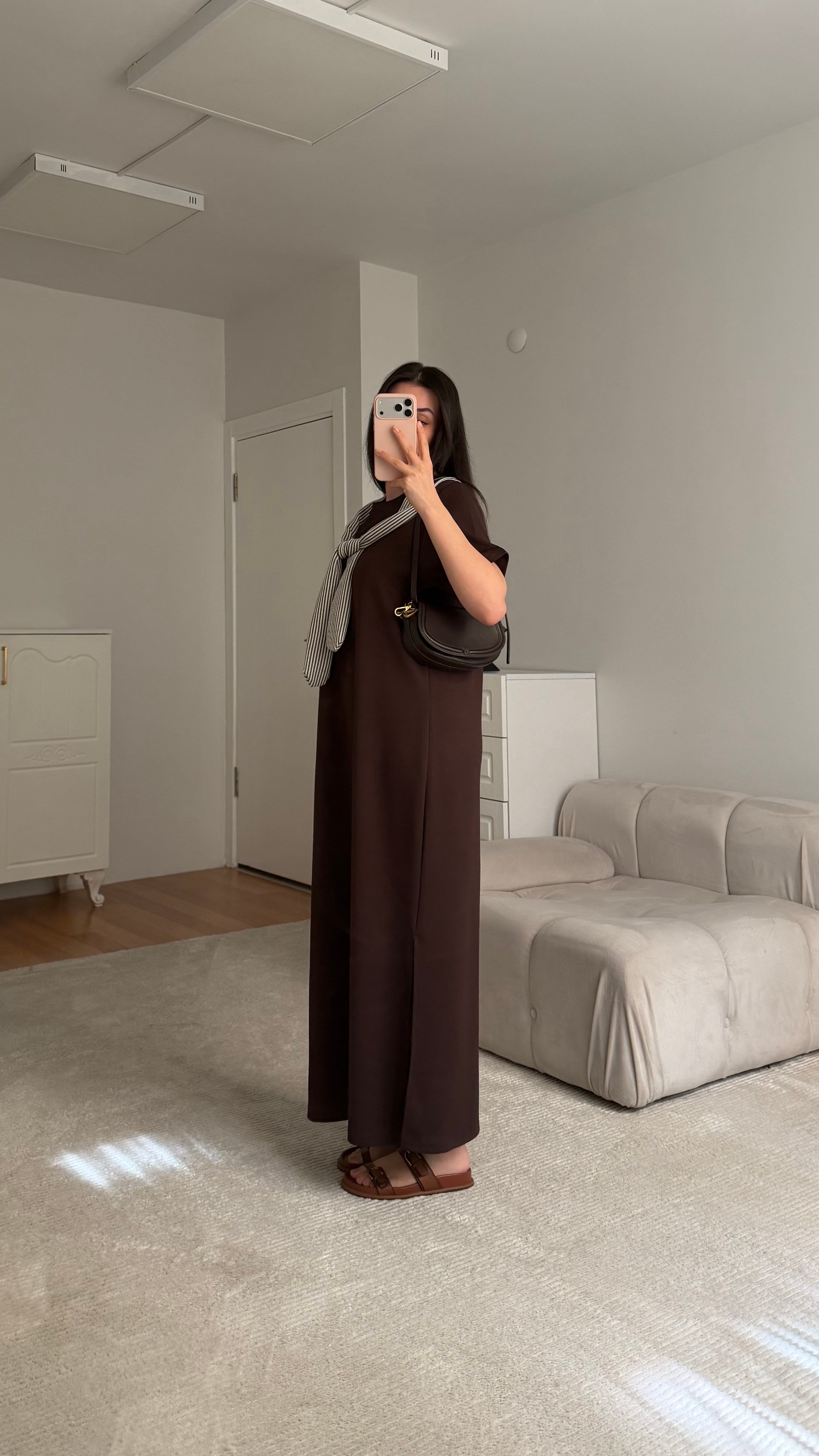 Acı Kahve  Çizgili Fular Detay Elbise