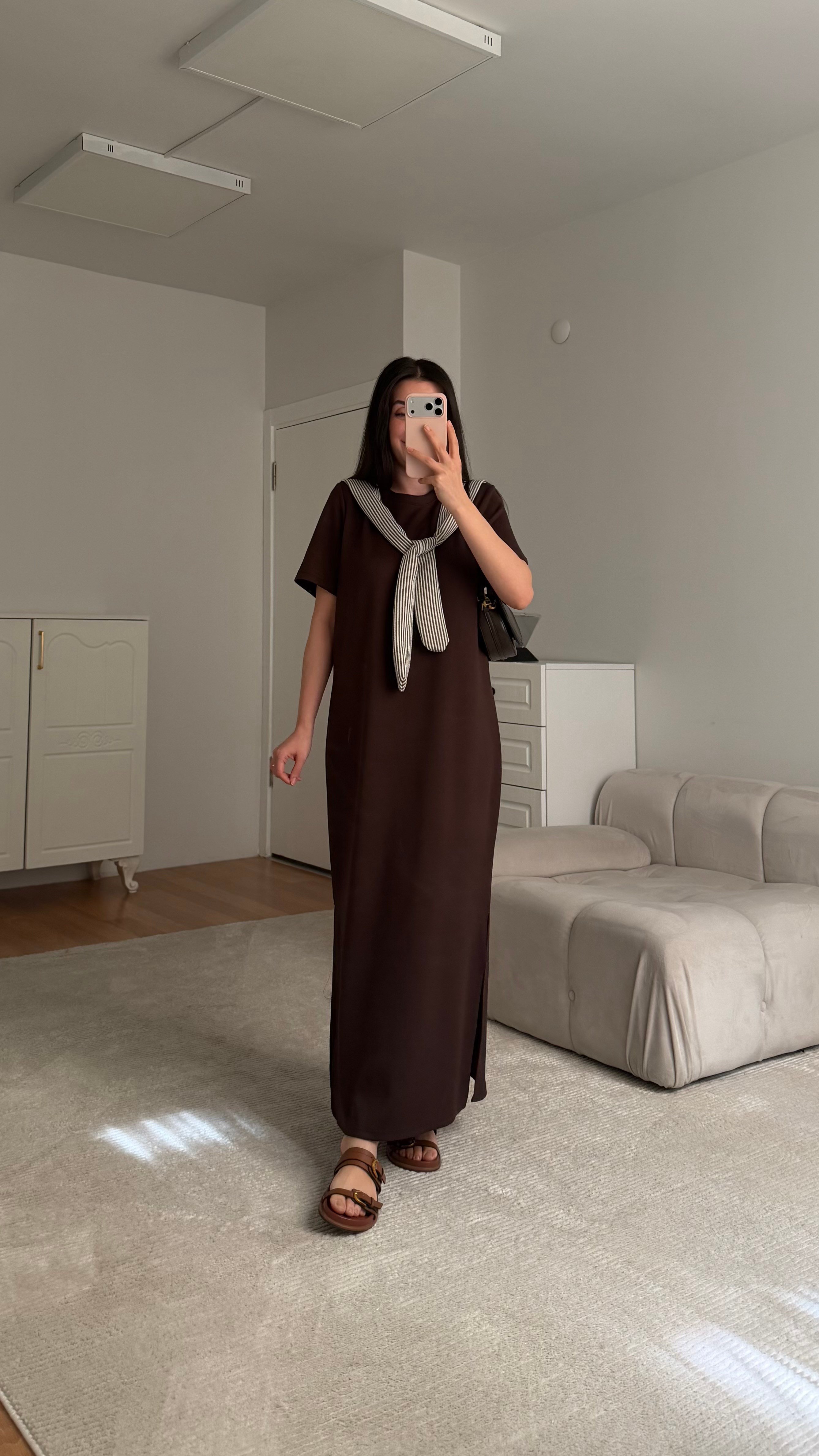 Acı Kahve  Çizgili Fular Detay Elbise
