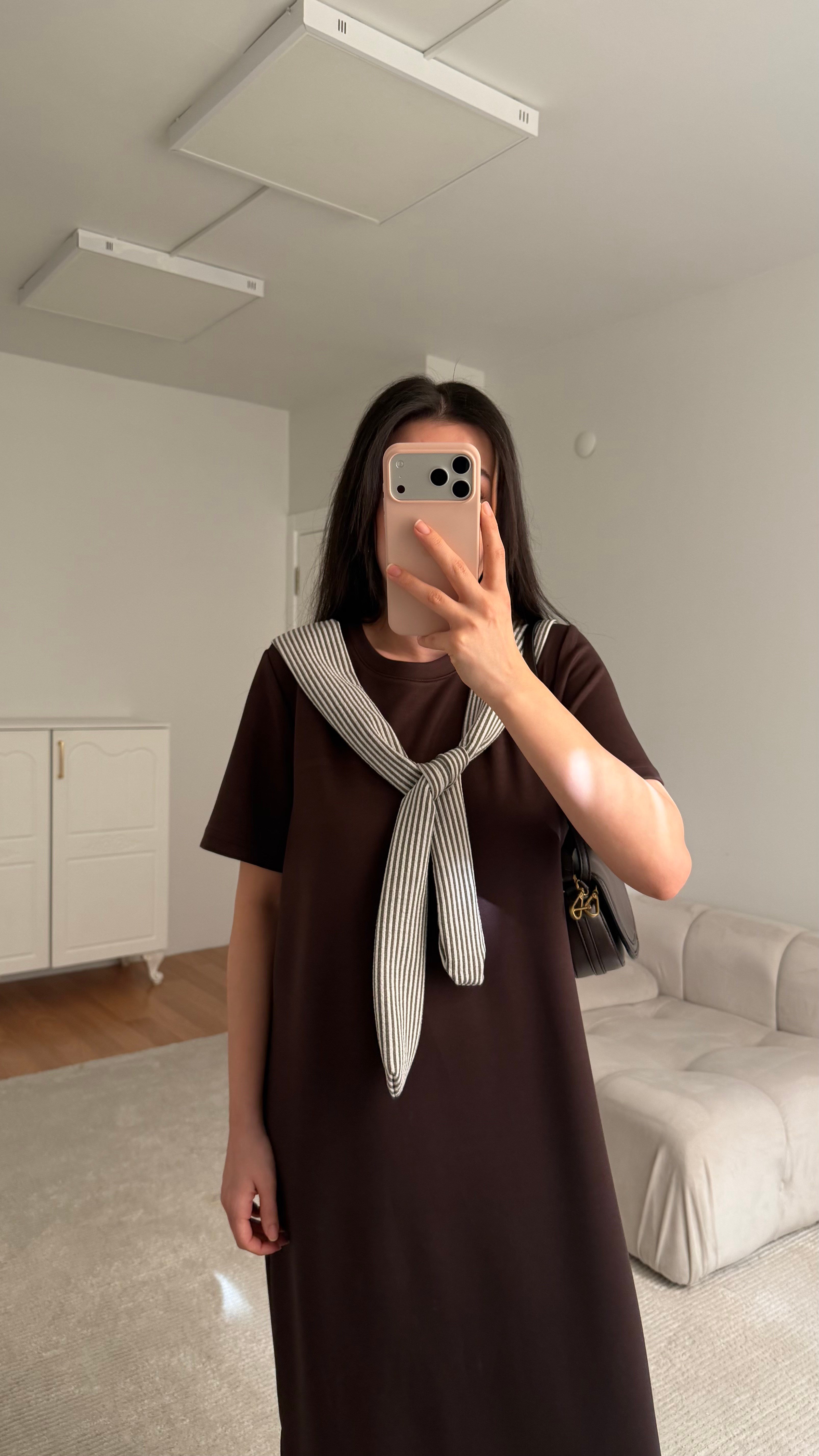Acı Kahve  Çizgili Fular Detay Elbise