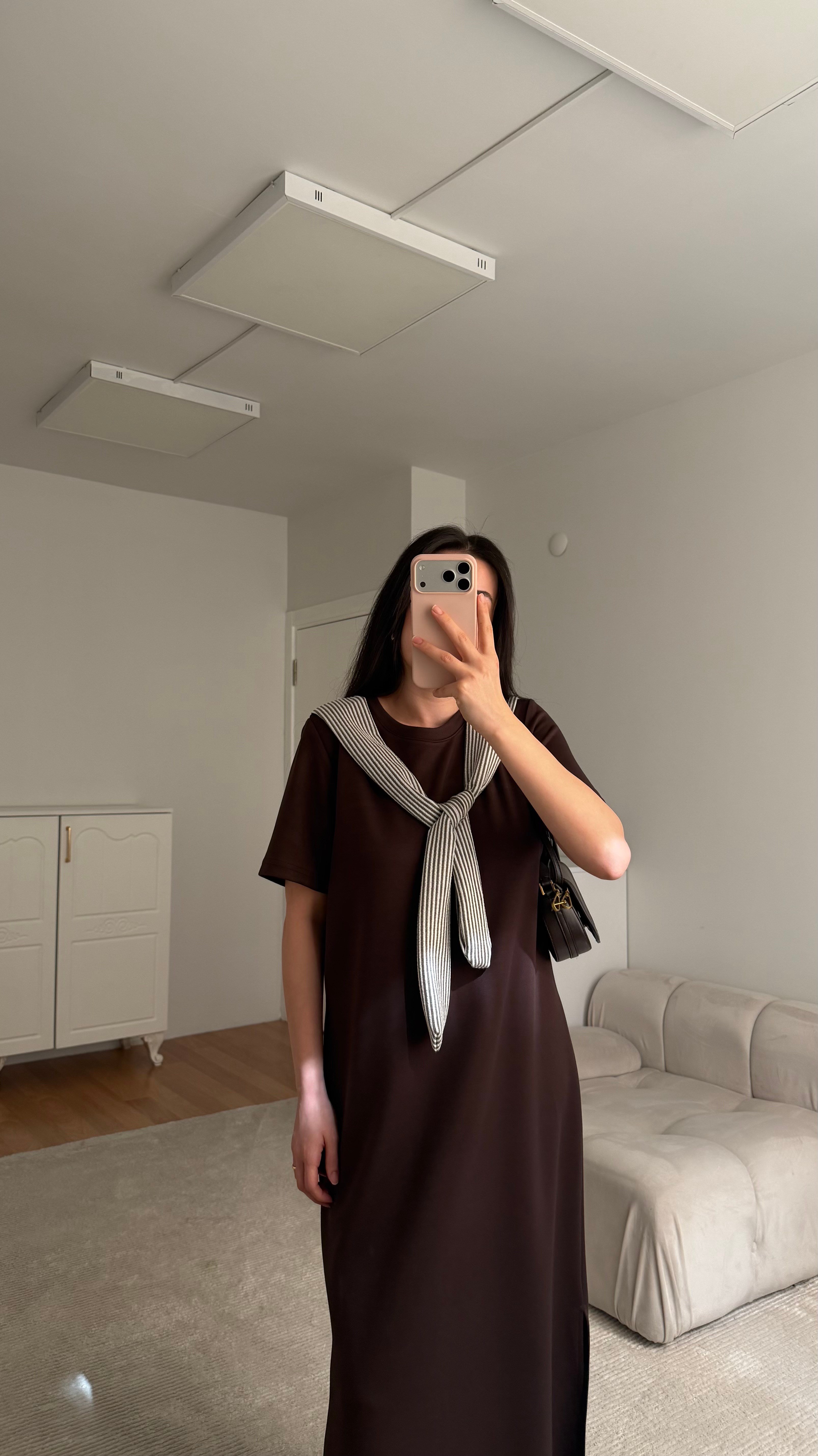 Acı Kahve  Çizgili Fular Detay Elbise
