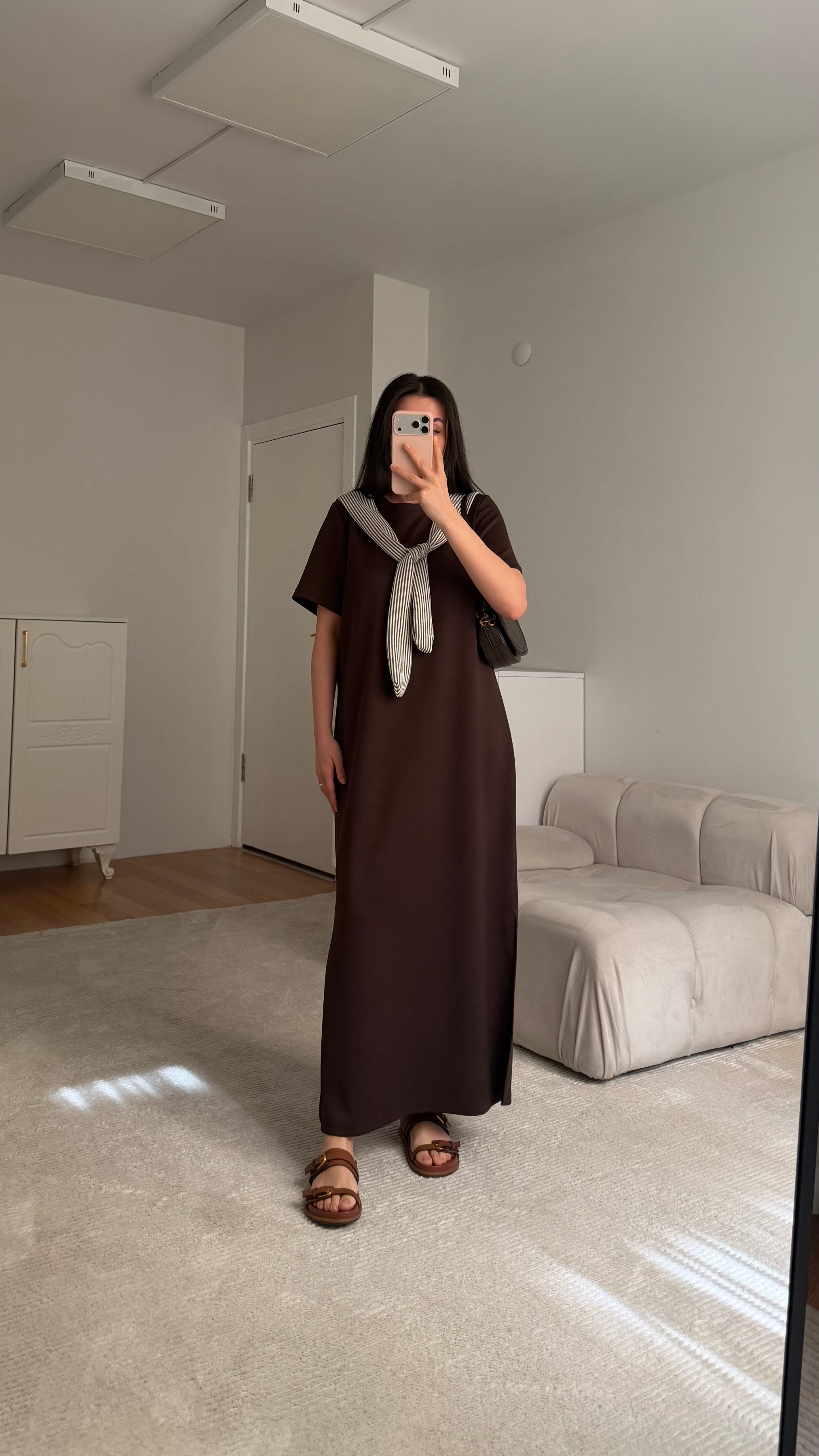 Acı Kahve  Çizgili Fular Detay Elbise