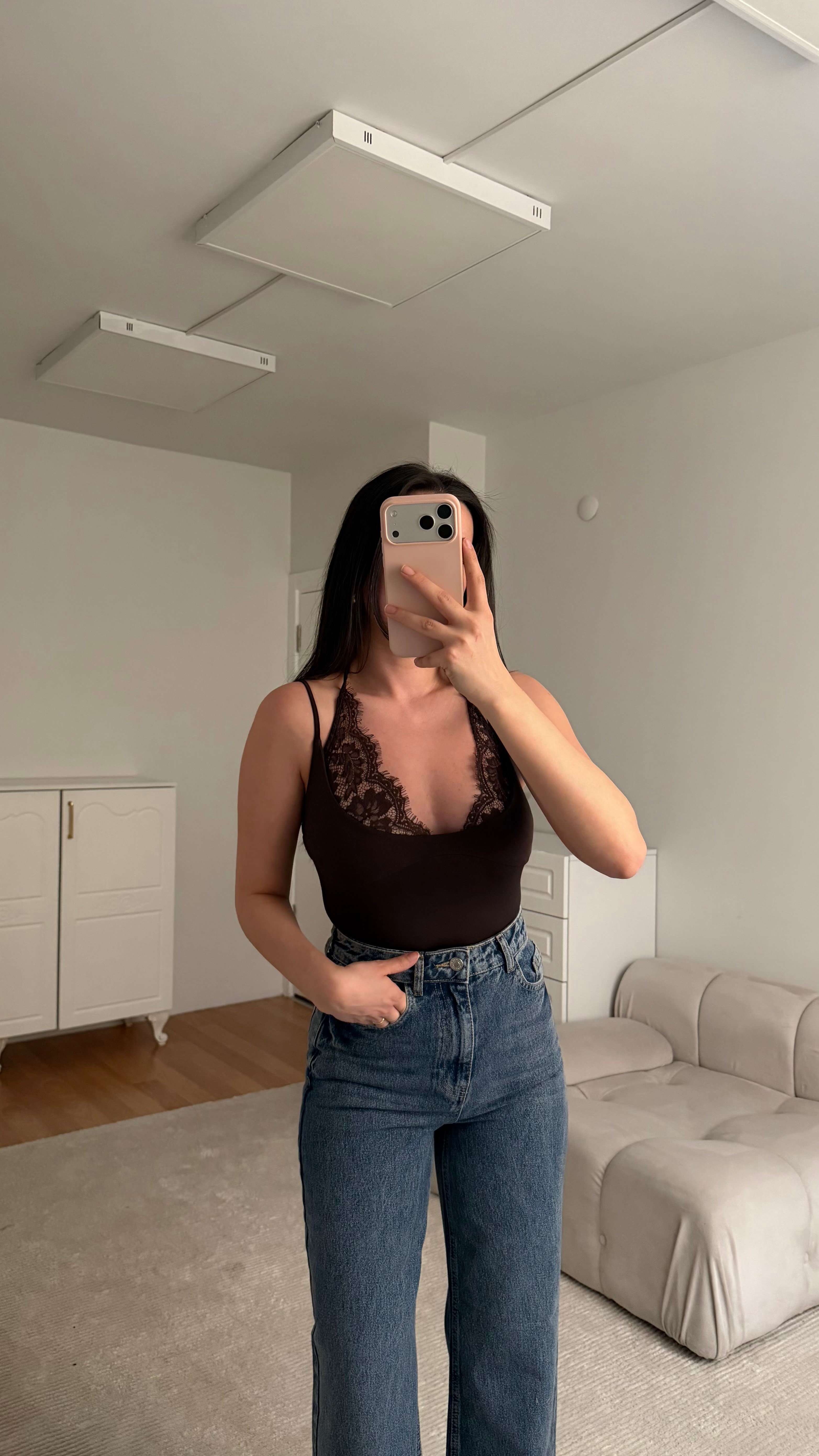Acı Kahve Dantel Yaka Bağlamalı Body suit